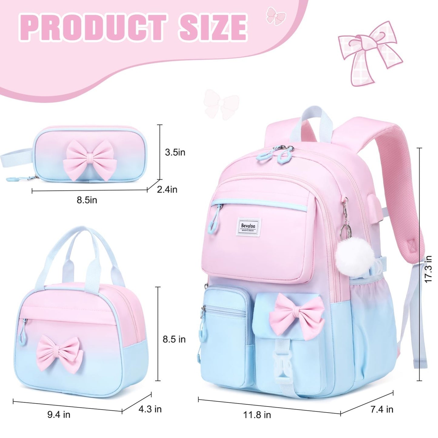 Cute Bow Backpack for Girls   School Bag with Lunch Bag & Pen Case, Stylish & Fu2