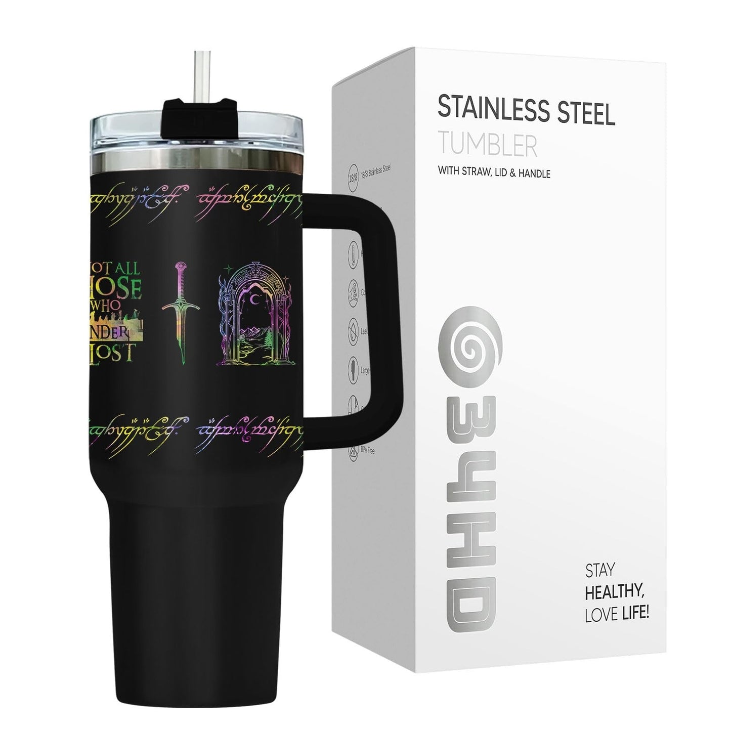 40oz Insulated Travel Mug with Handle & Straw   Fantasy Wanderer Tumbler, Bookis5