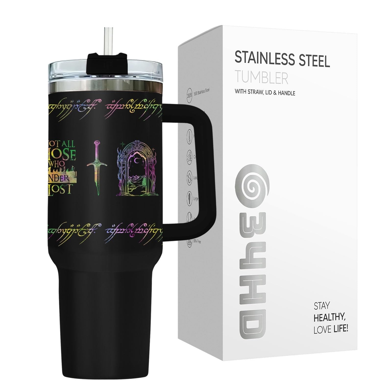 40oz Insulated Travel Mug with Handle & Straw   Fantasy Wanderer Tumbler, Bookis5