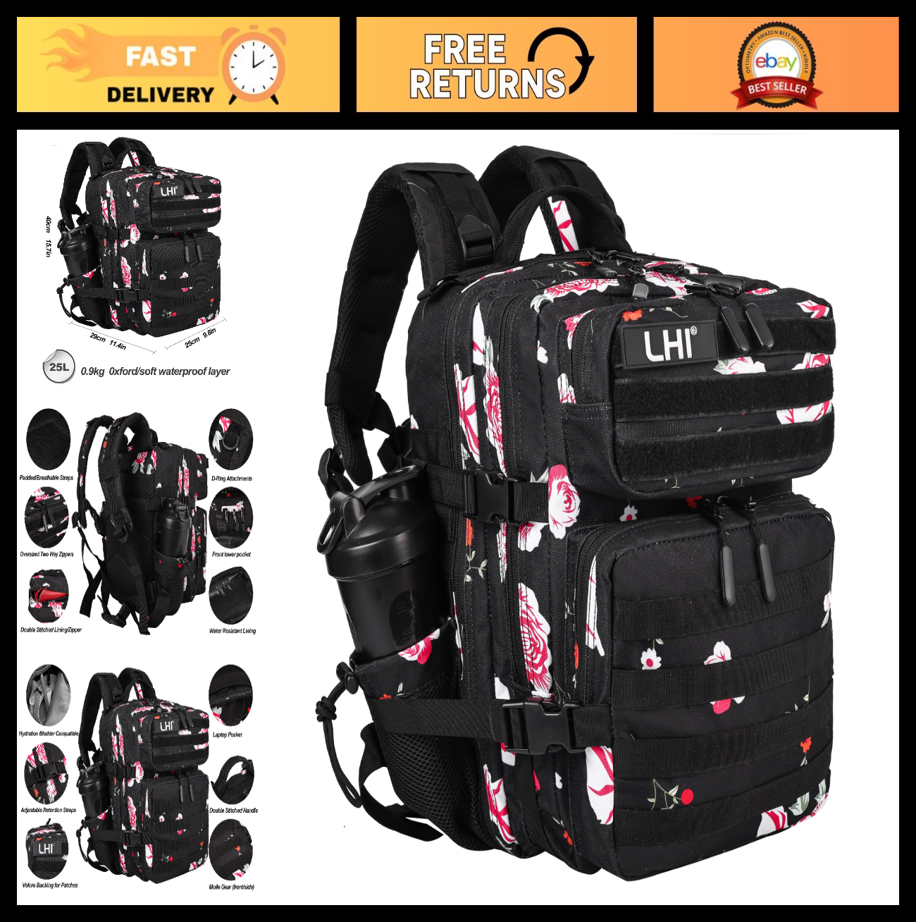 Tactical Military Backpack 25L/35L   Army Assault Rucksack with Bottle Holder, U0