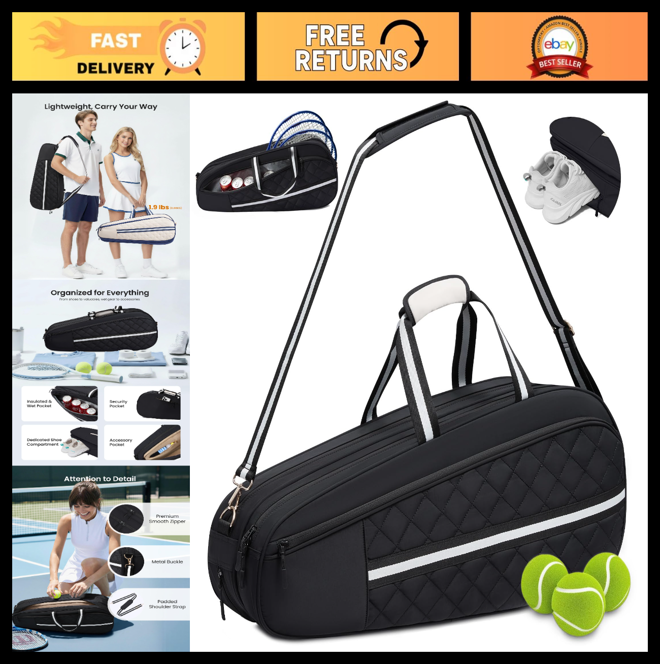 Water-Resistant Tennis Racket Bag for 3-6 Rackets, Shoe Compartment & Insulated0