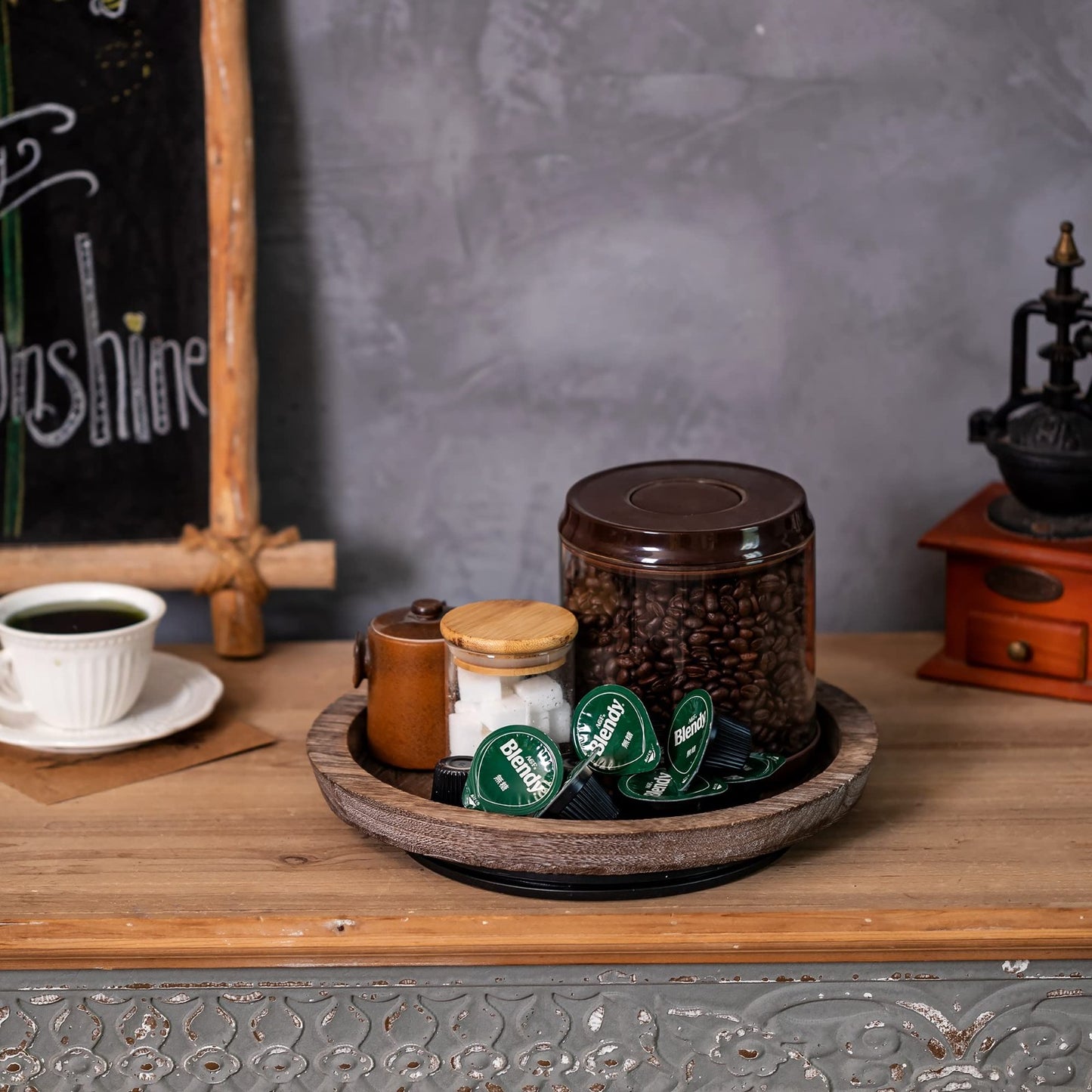 Rustic Wooden Turntable Serving Tray - Vintage Centerpiece for Kitchen & Coffee3