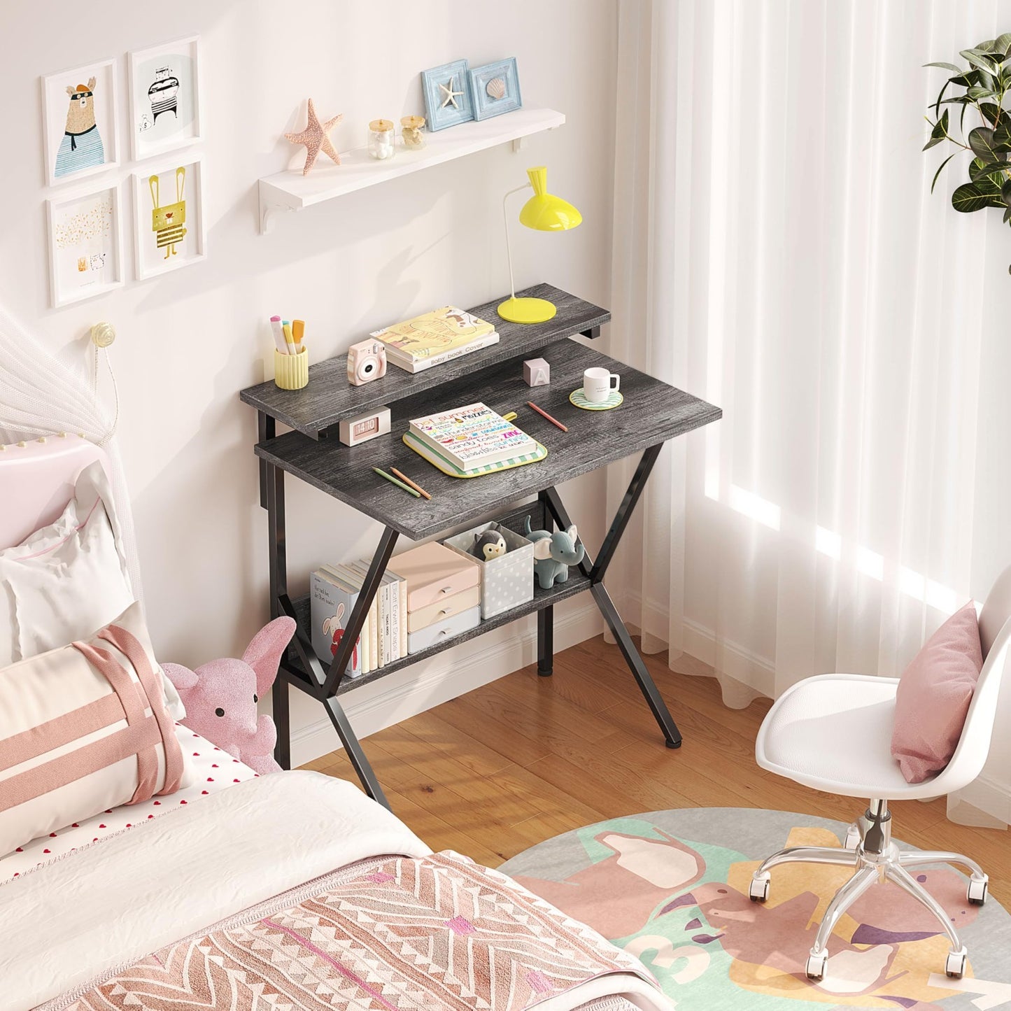 Compact Computer Desk with Adjustable Monitor Stand, Small Space Study Table, Gr4