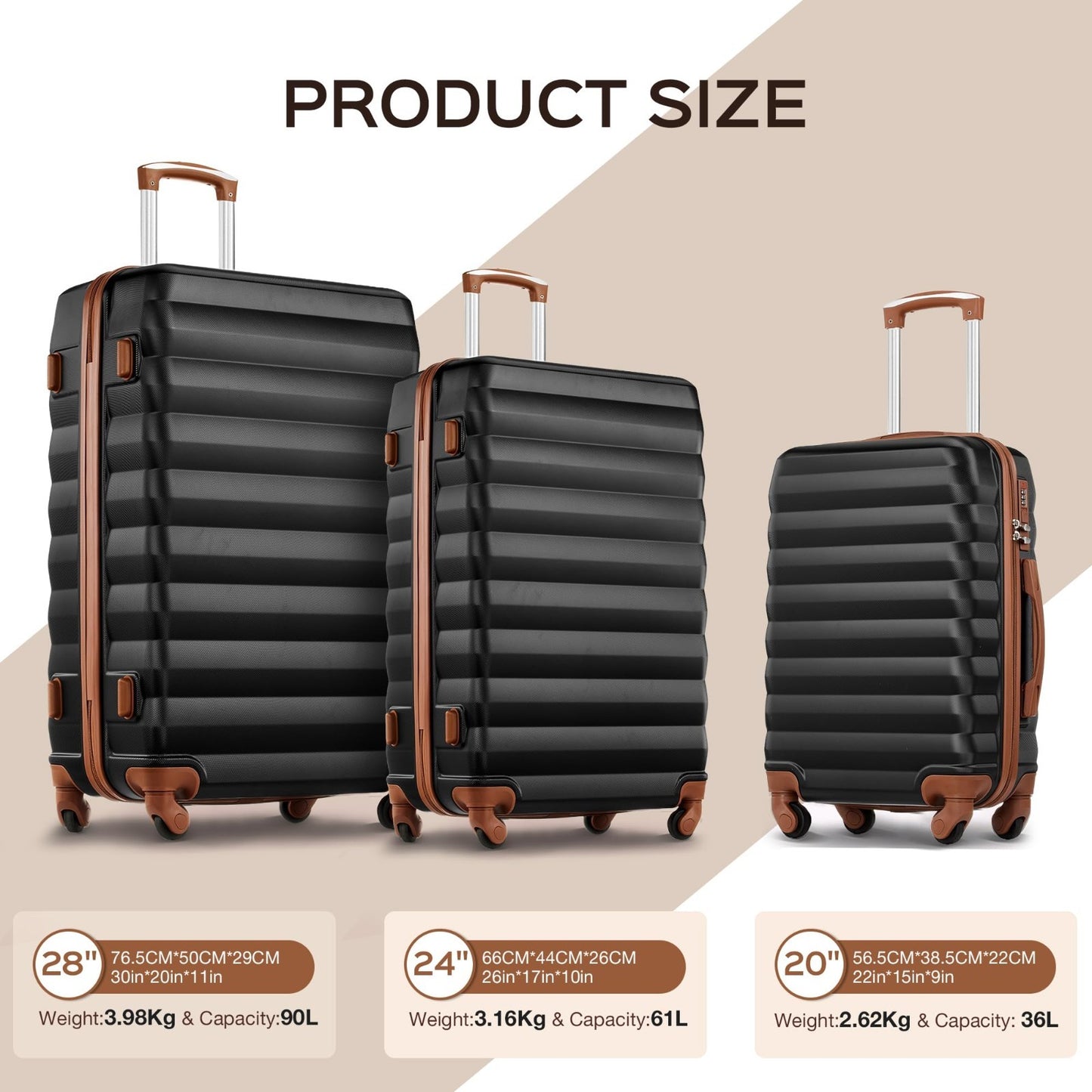 3 Piece Luggage Set - 20" 24" 28" ABS Hardshell Suitcases with Spinner Wheels &6