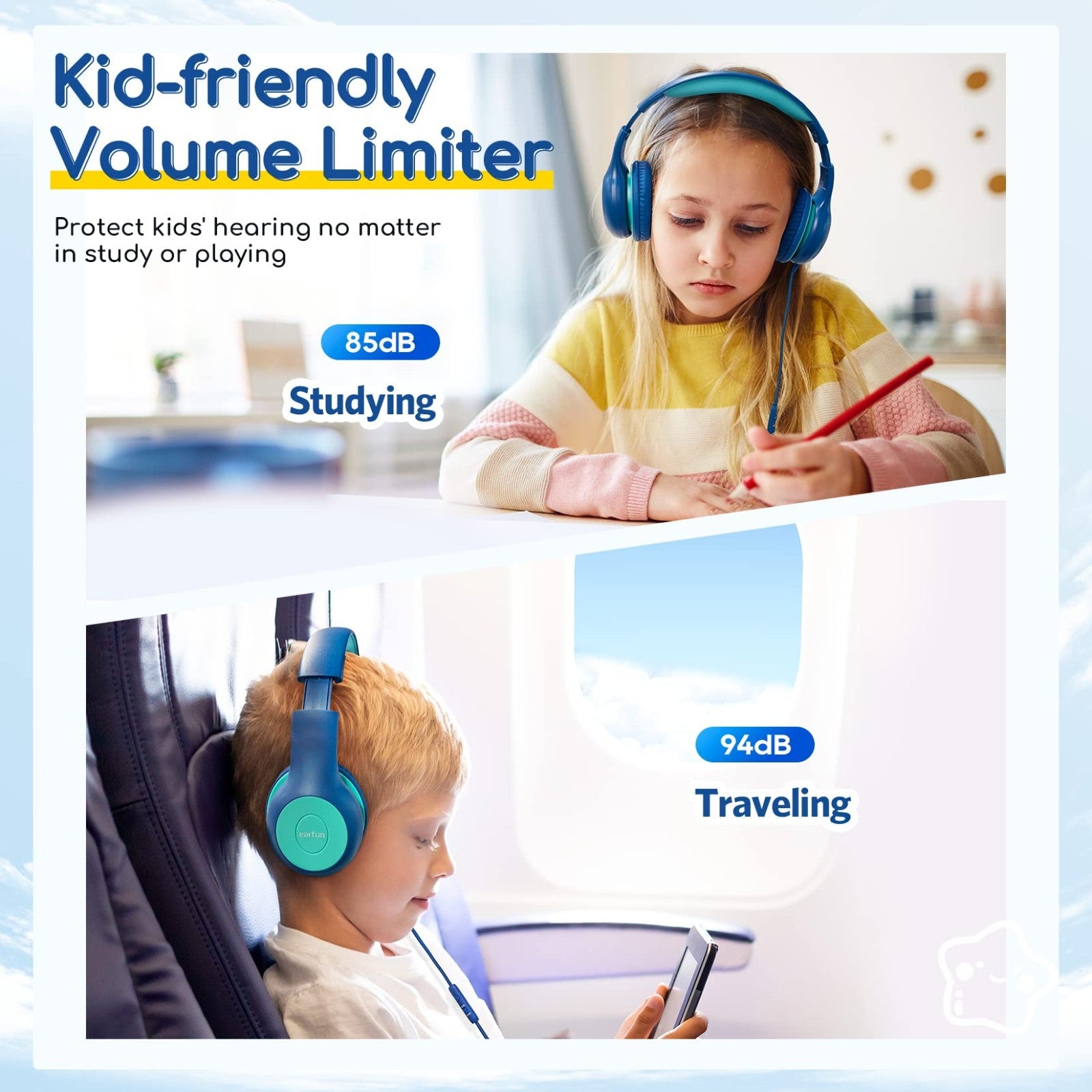 Wired Kids Headphones with Mic, USB Type C, 85dB Volume Limit, Foldable Stereo S4