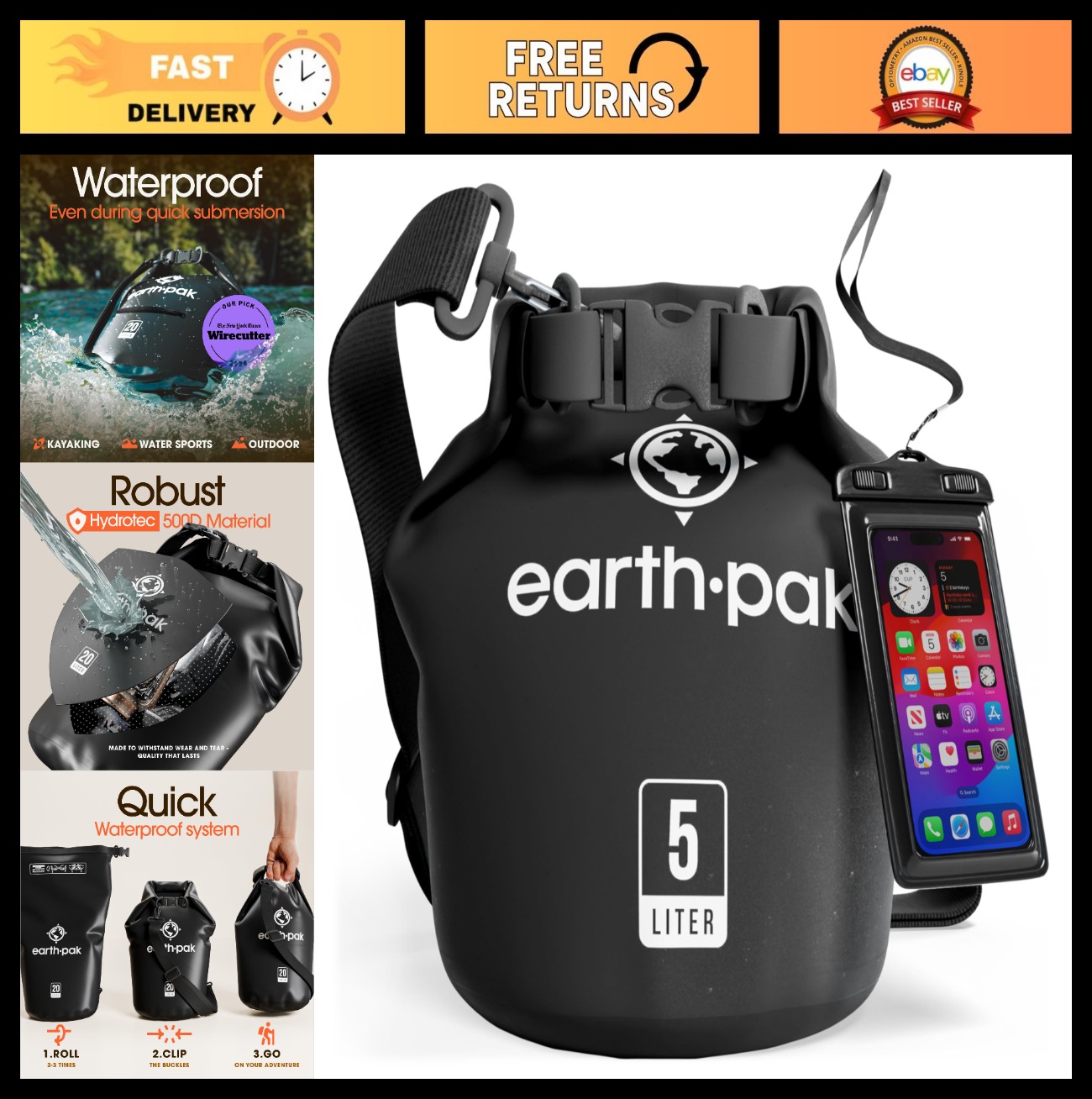 Waterproof Dry Bag Backpack   Roll Top Sack for Kayaking & Outdoor Gear + Phone0