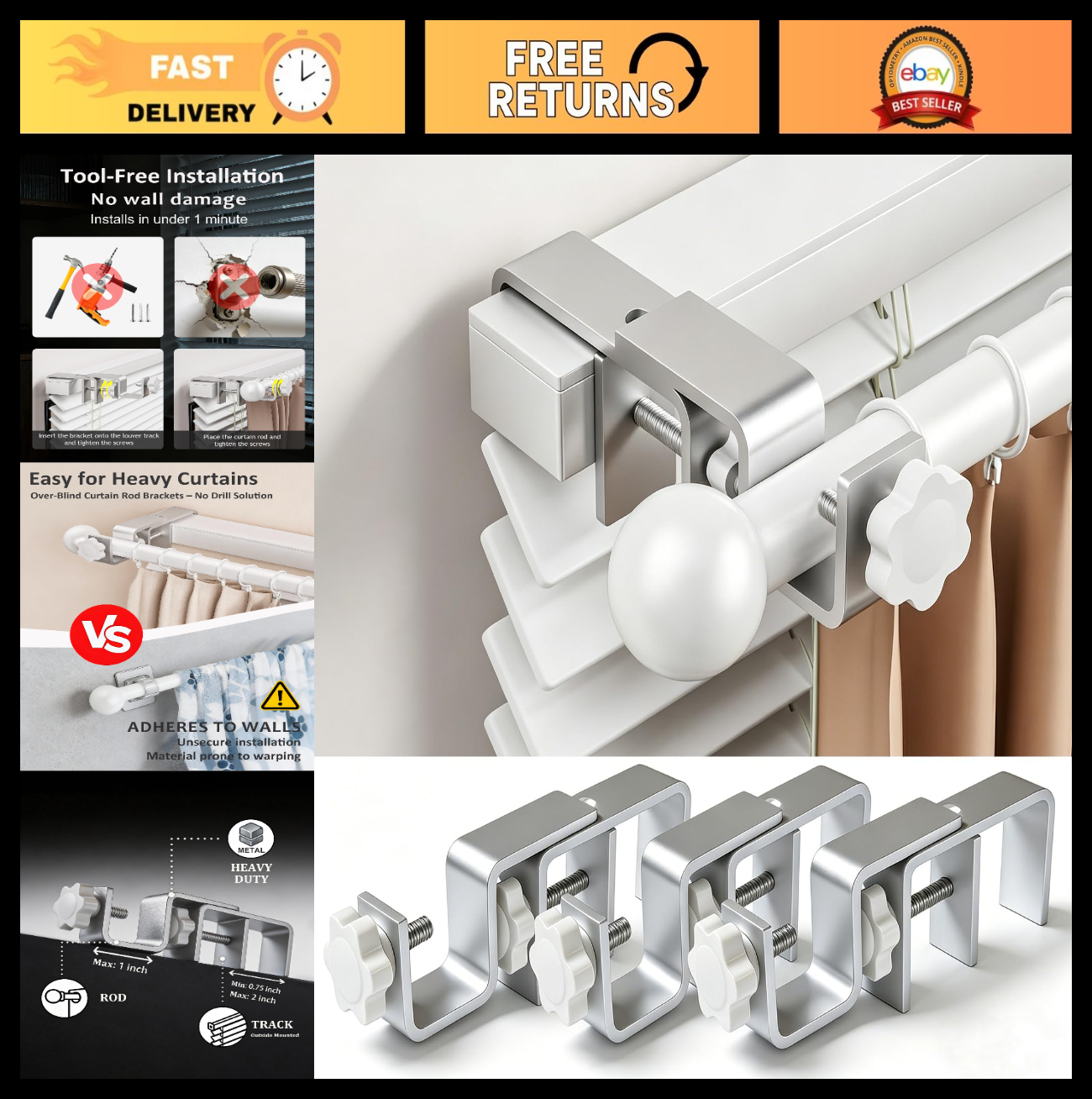 No Drill Curtain Rod Brackets for Outside-Mount Blinds, Tool-Free Holders, 3 Pac0