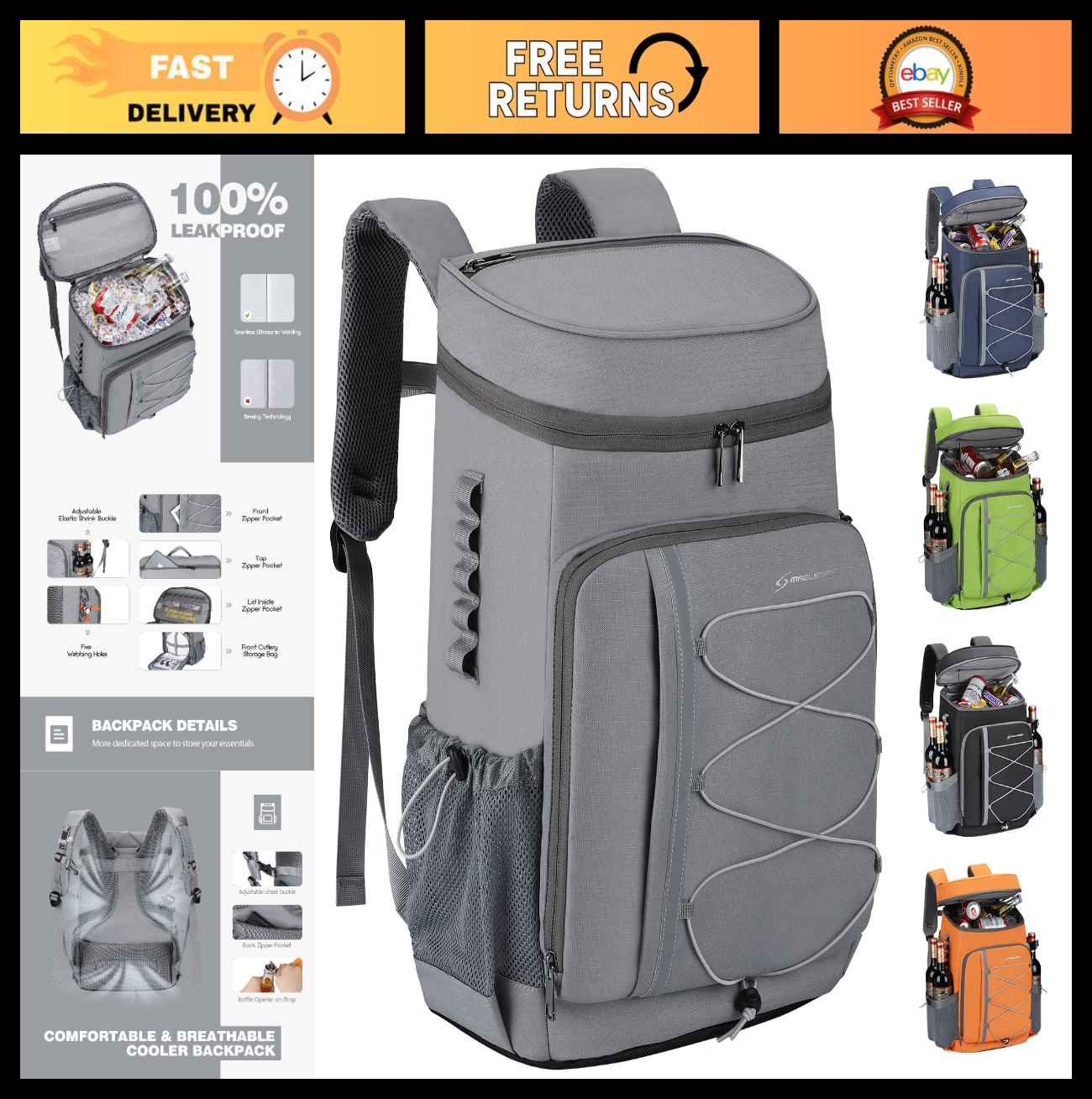 Insulated Cooler Backpack - 35/50 Can Soft Lunch Bag for Camping, Hiking, Beach0