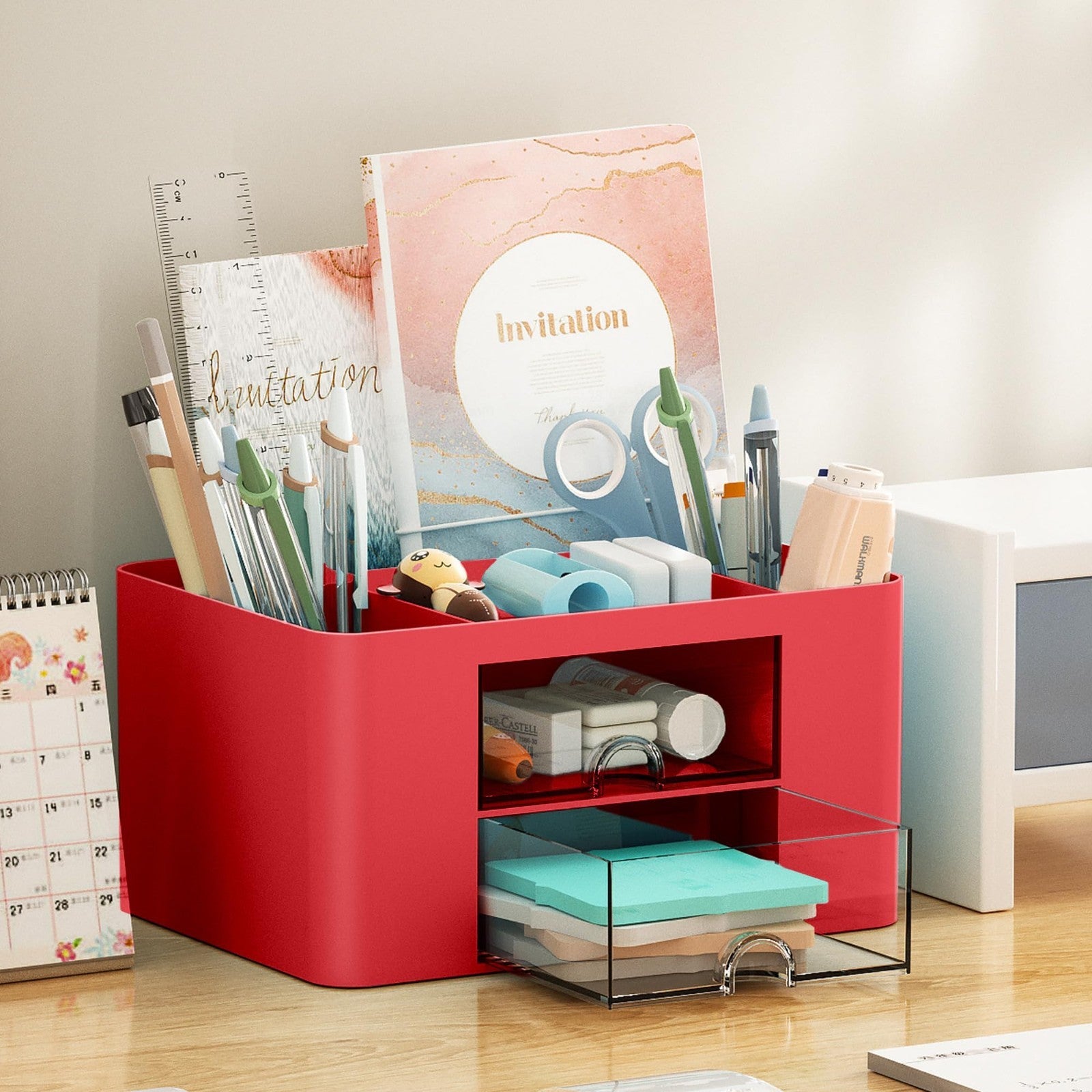 Multi Functional Desk Organizer with 2 Drawers, 5 Compartments for Office Suppli1
