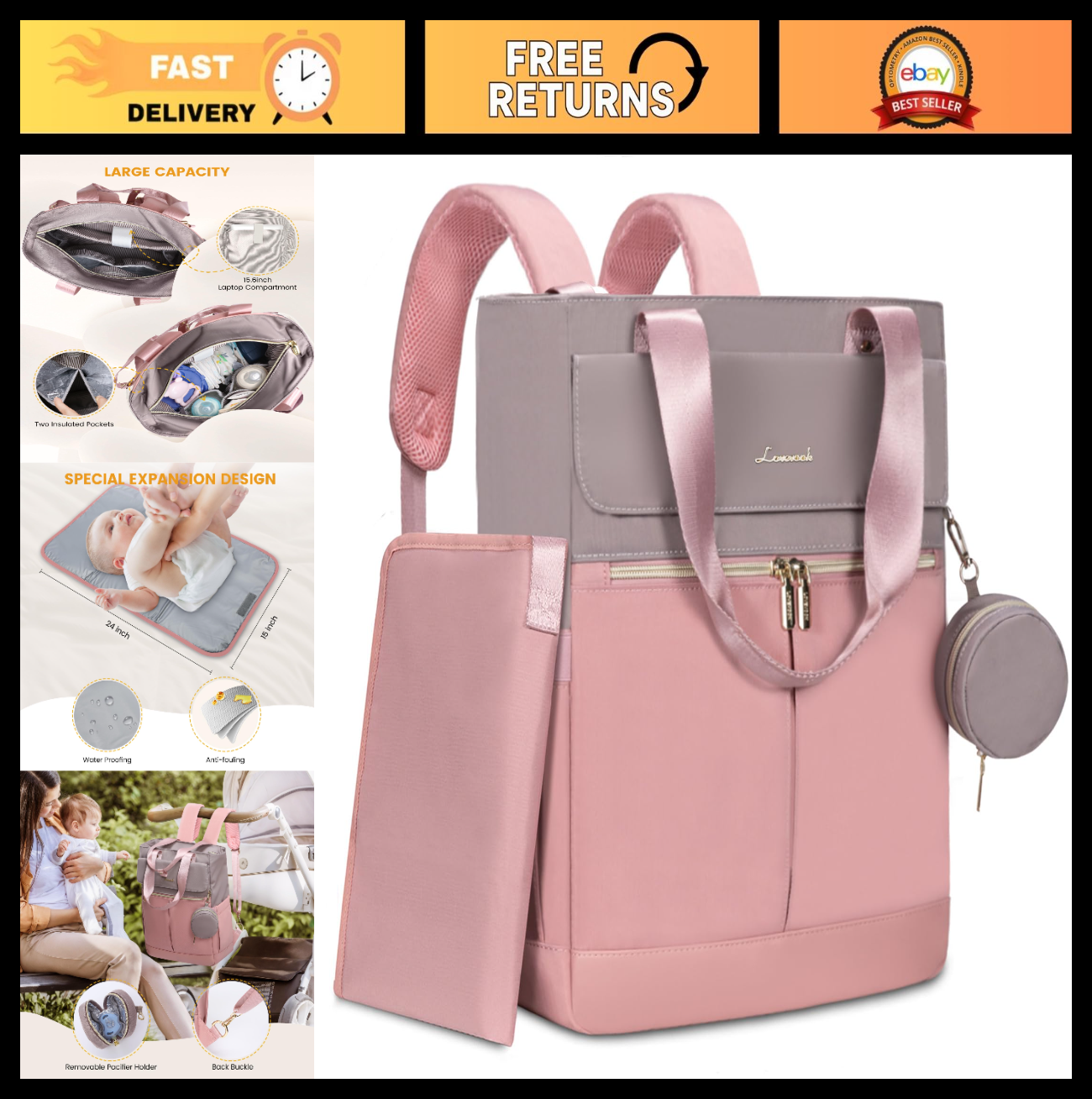 Stylish Diaper Bag Backpack & Tote with Insulated Pockets & Changing Pad0
