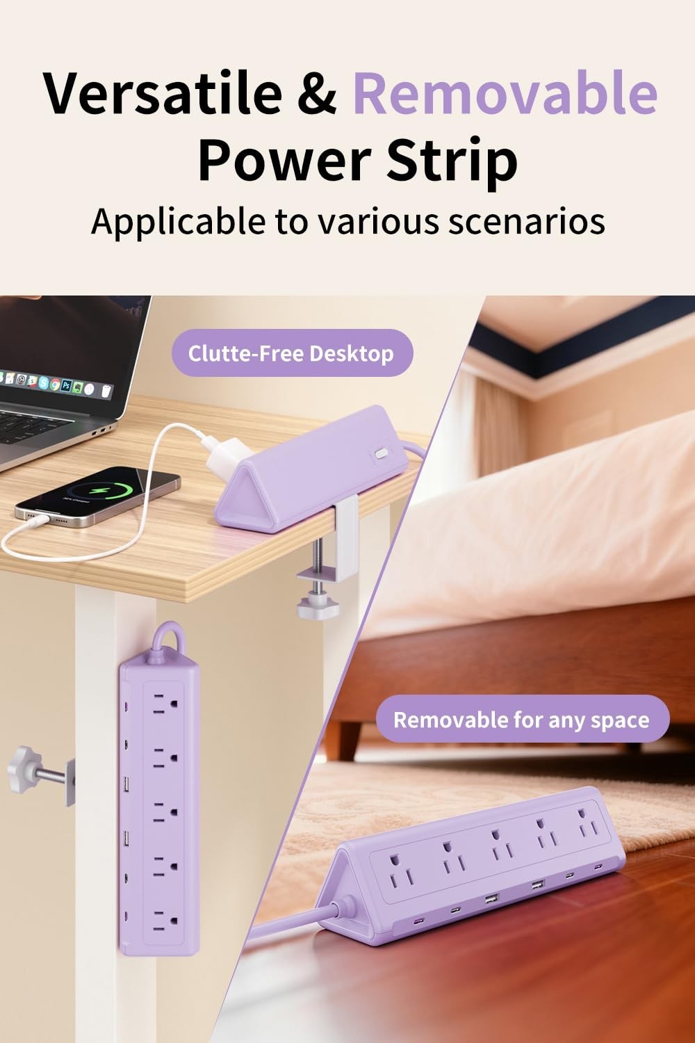 6.5FT Desk Clamp Power Strip   5 AC Outlets, 6 USB Ports, PD 40W Fast Charge4