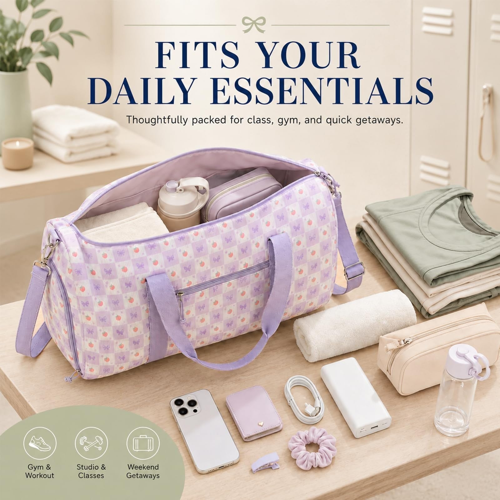 Cute Girls Duffle Bag - Waterproof Gym Bag with Shoe Compartment & Wet Pocket, T4
