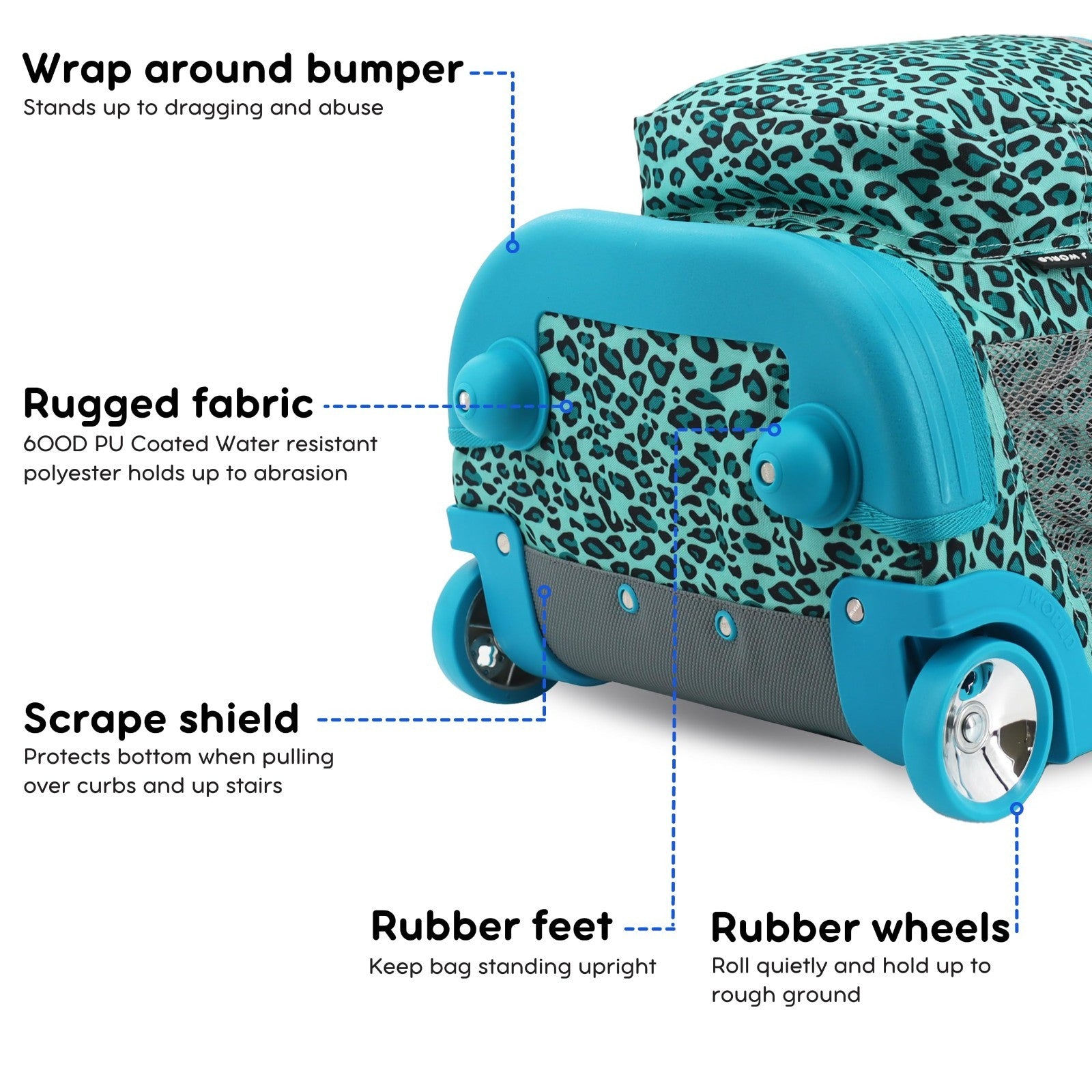 Kids Rolling Backpack with Wheels, 18" Bookbag for School, Mint Leopard Design3