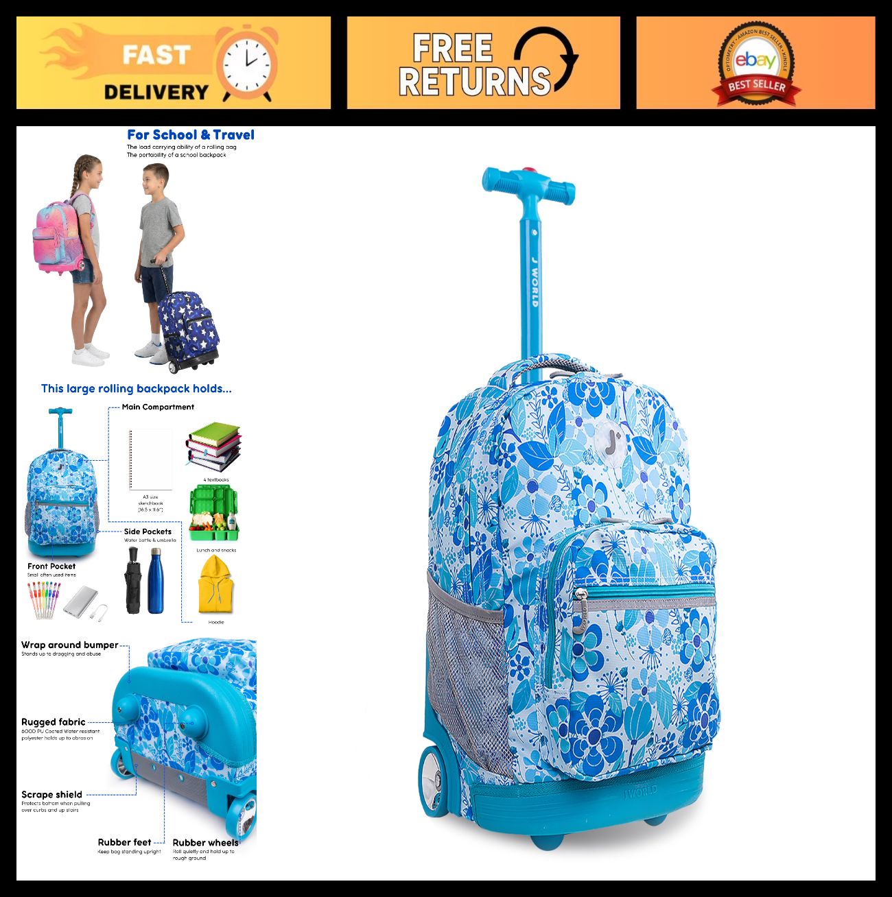 Kids Rolling Backpack with Wheels, School Roller Bookbag for Boys & Girls, 18"x10