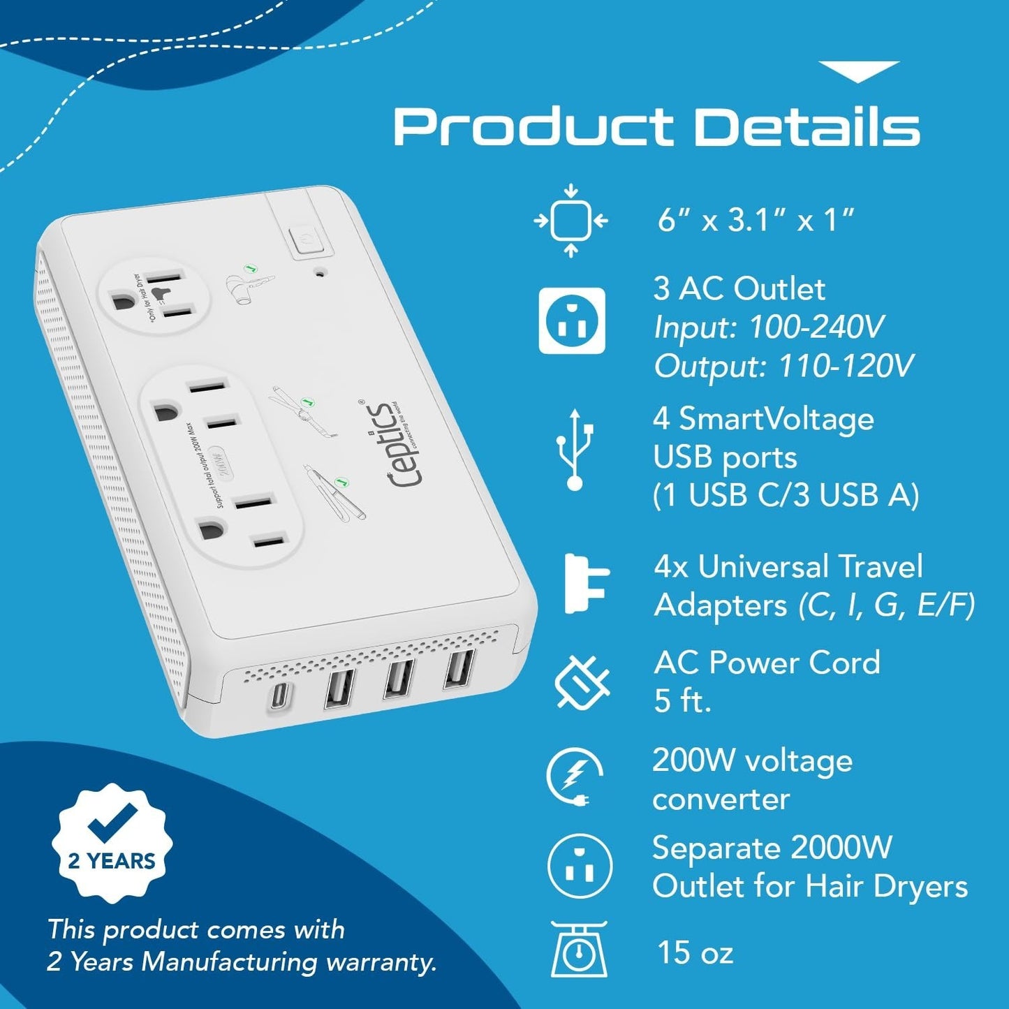 220V to 110V Voltage Converter, 2x 200W & 1x 2000W Outlets, USB-C PD 18W, Travel6