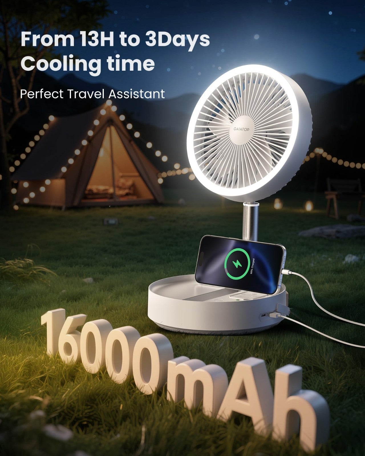 Portable Battery Powered Pedestal Fan, 16000mAh, 74h Runtime, Oscillating, Folda2