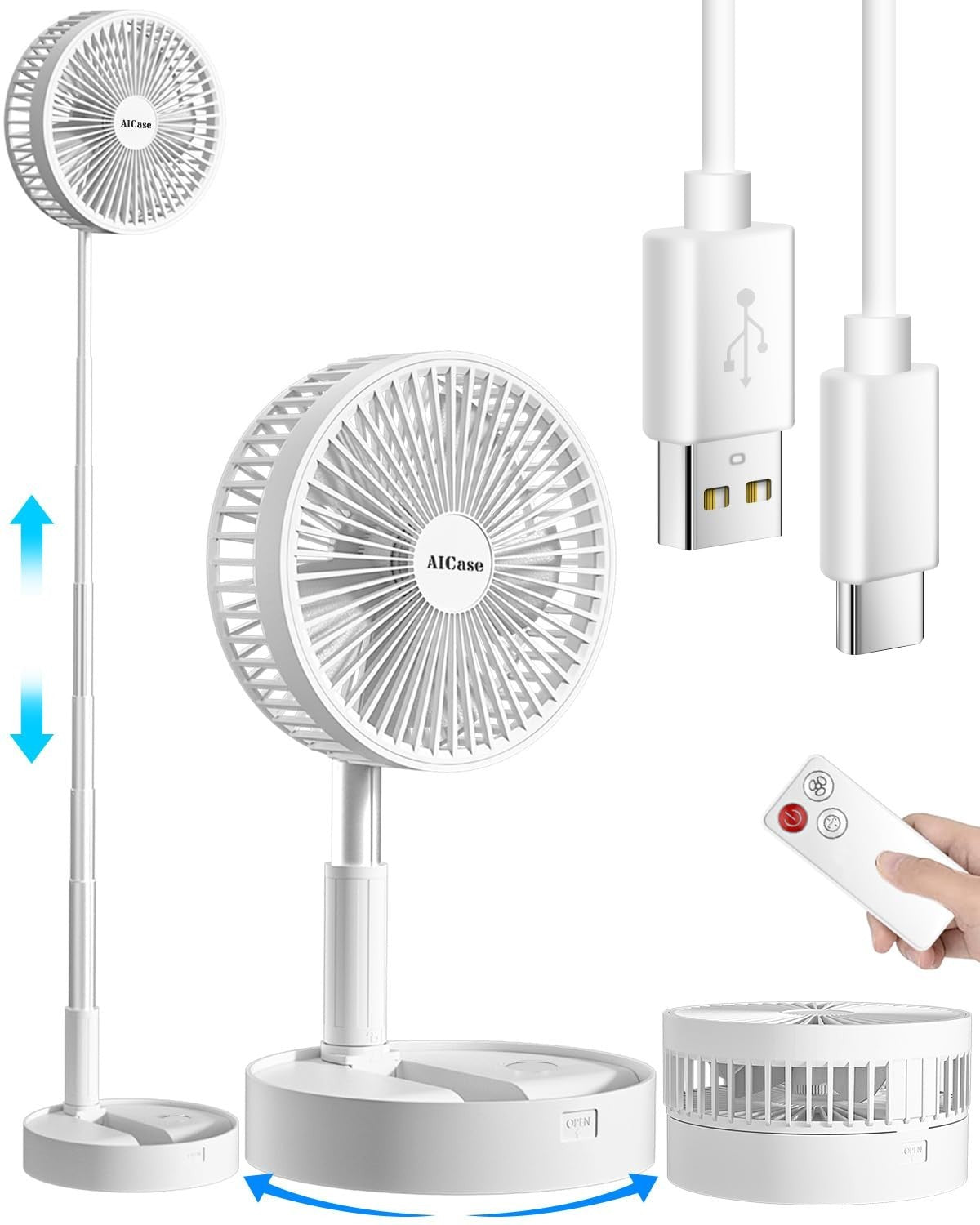 Portable Folding Stand Fan, USB Rechargeable 7200mAh, 4 Speed Adjustable Height,1