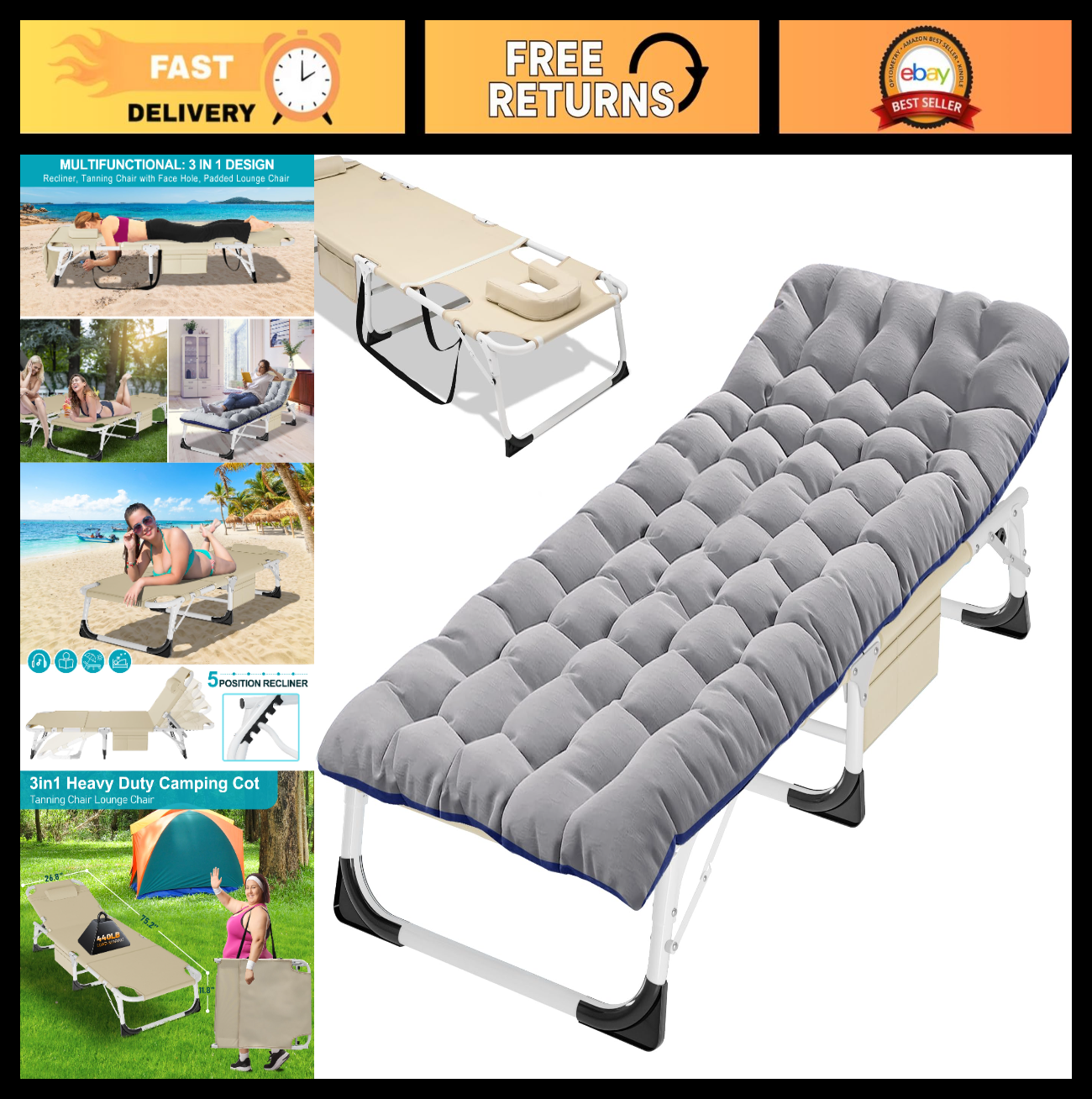 Extra Wide 28" Folding Camping Cot for Adults | Heavy Duty 440 lbs Capacity, Qui0