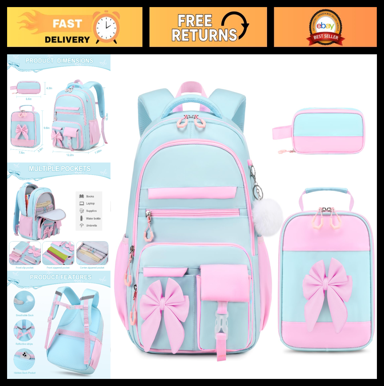 Cute Girls Backpack Set with Lunch Bag & Pencil Case   Stylish School Bag for Ki0
