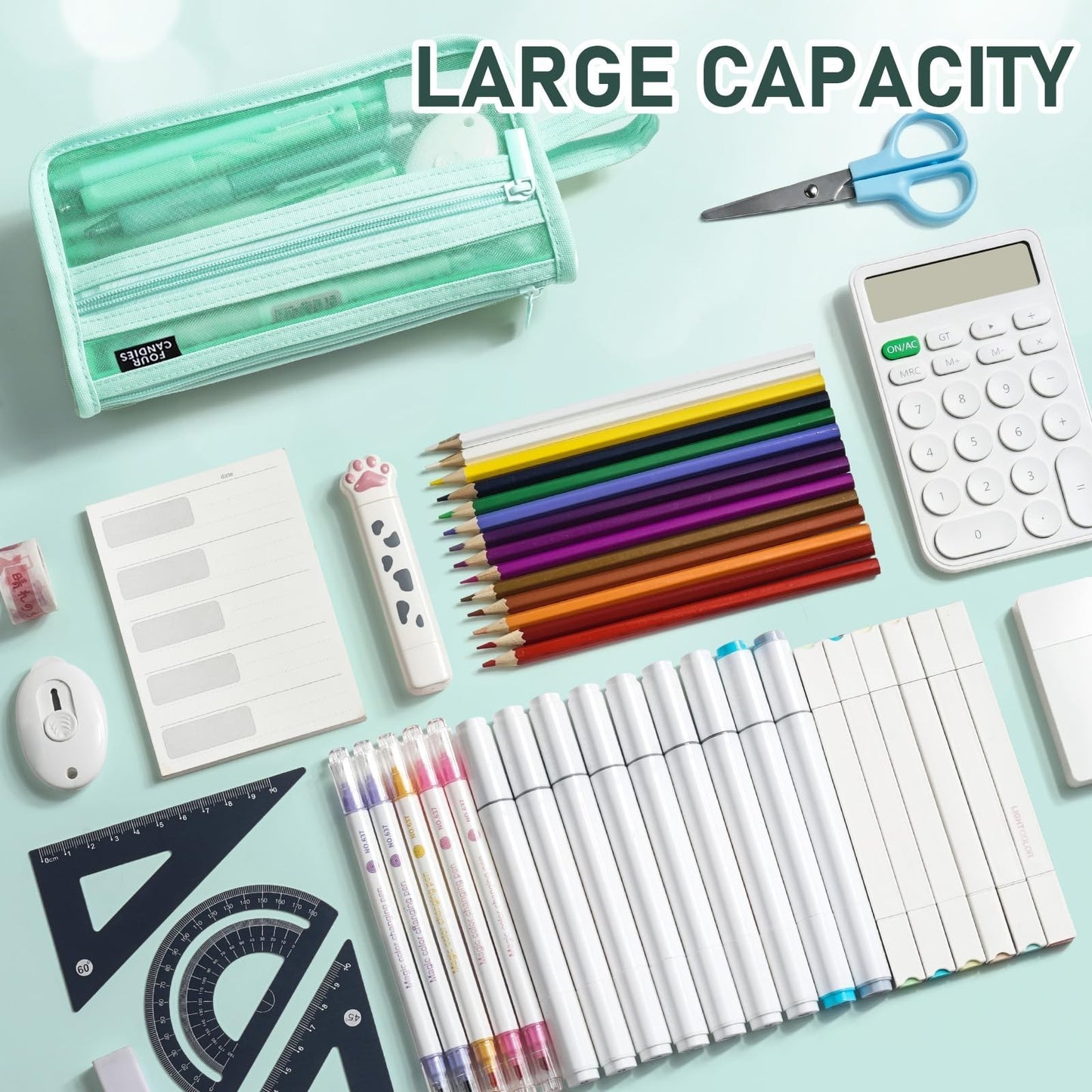 Clear Double Layer Mesh Pencil Case with Handle   Green Grid Design, School Supp5