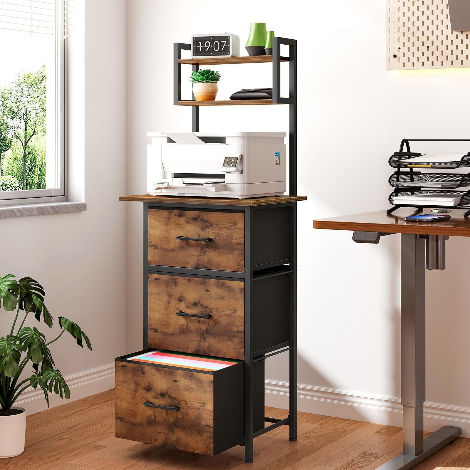 3 Drawer Tall File Cabinet with Extended Desktop, Vertical Filing Storage, Rusti4