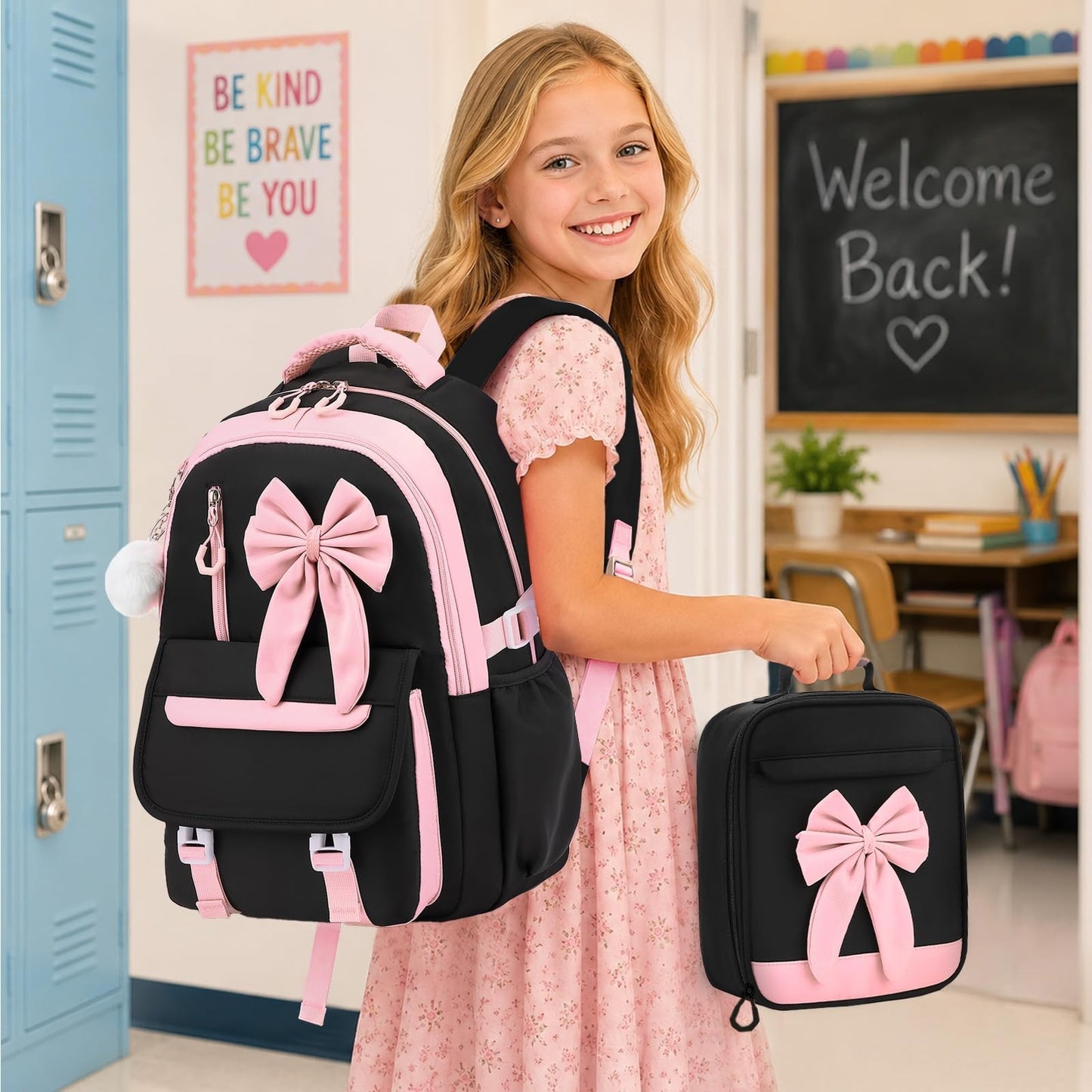 Girls Bow Backpack Set   3PCS with Lunch Bag & Pencil Case, Cute School Bag2