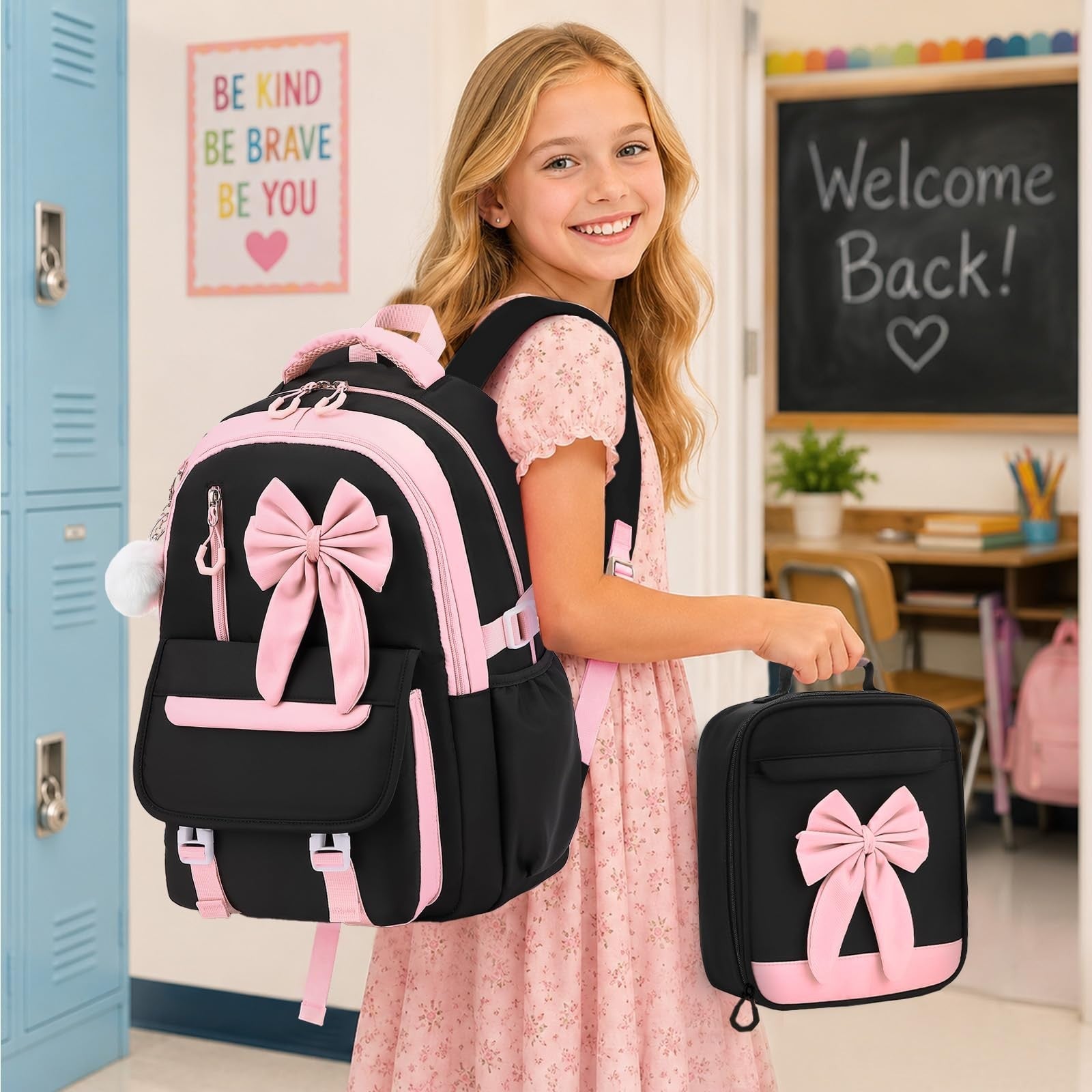 Girls Bow Backpack Set   3PCS with Lunch Bag & Pencil Case, Cute School Bag2