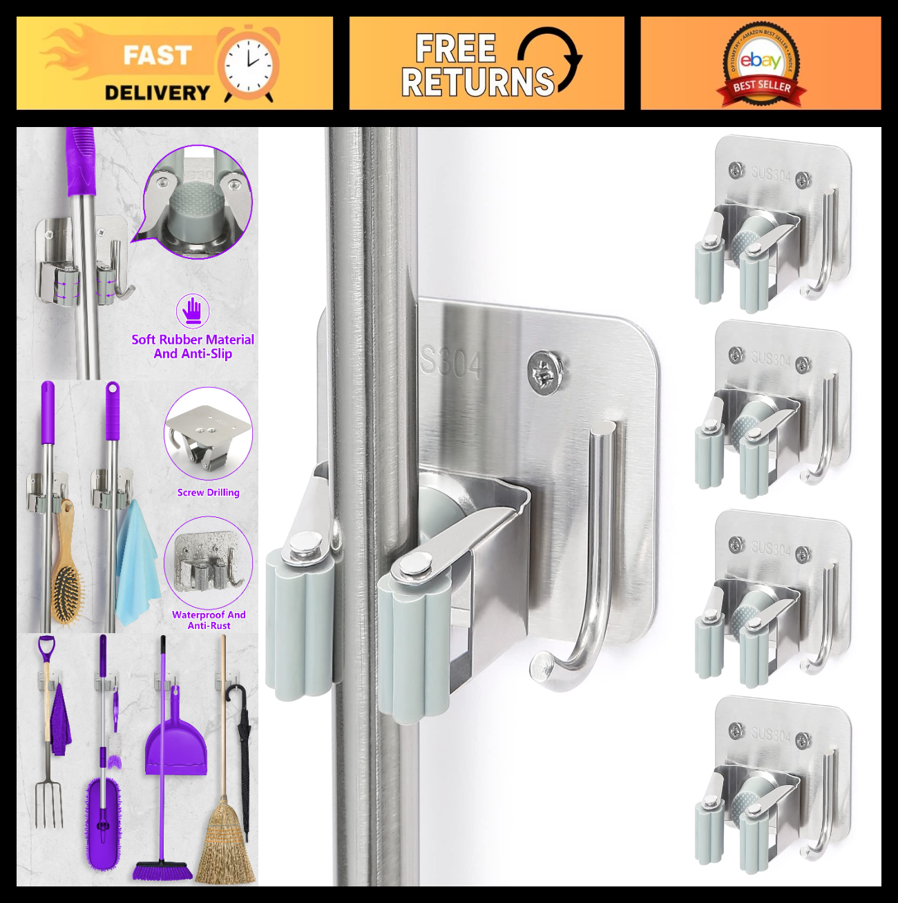 Heavy Duty Wall Mount Broom Holder - Stainless Steel Mop Gripper Rack for Laundr0