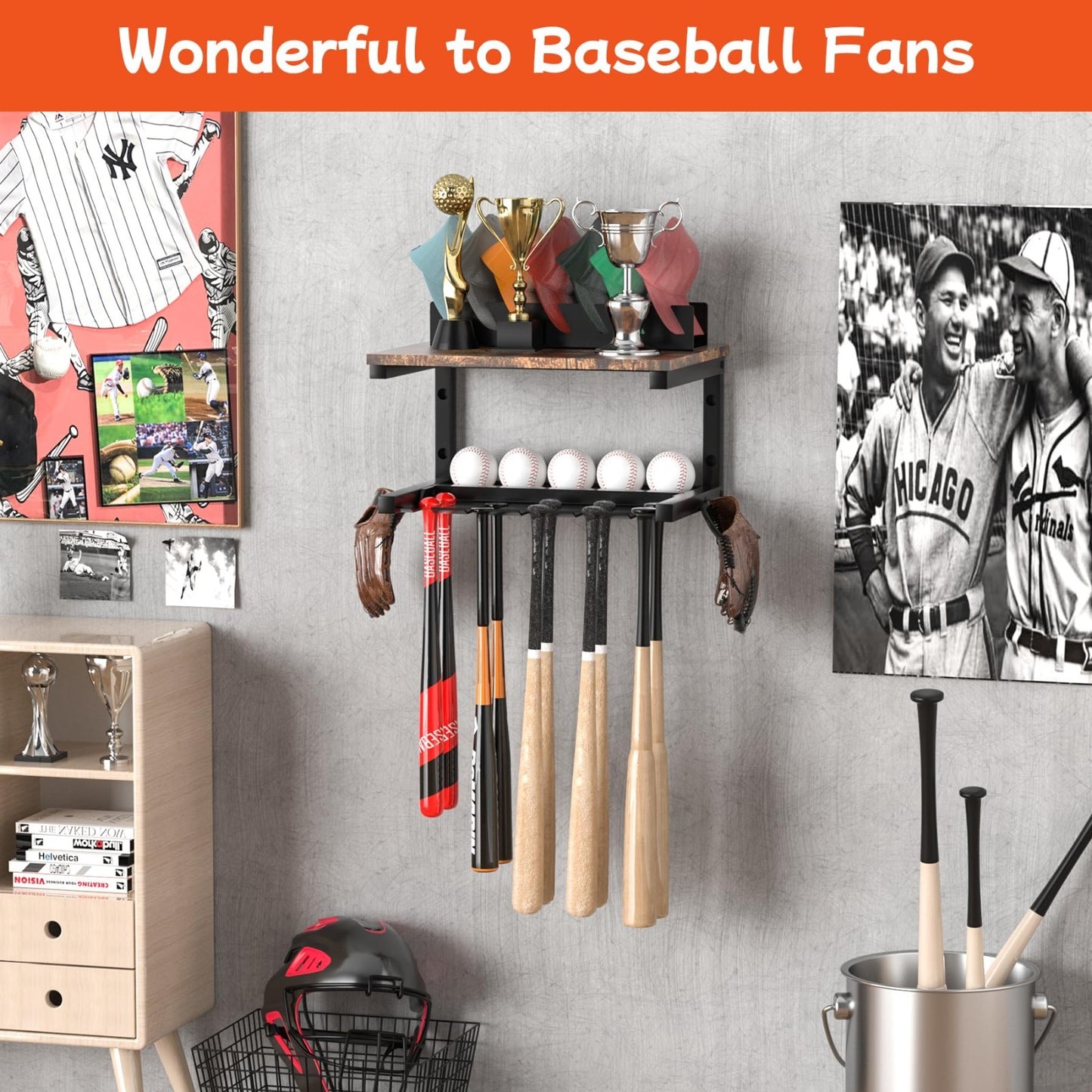 Wall Mount Baseball Bat Rack & Cap Holder   10 Bat Metal Storage, 5 Prongs, Blac15
