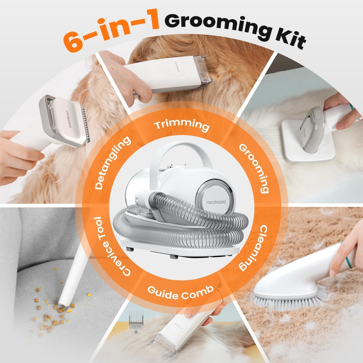 6-in-1 Pet Grooming Vacuum Kit, Dog Clippers & Hair Remover, 9000Pa Suction, Low2