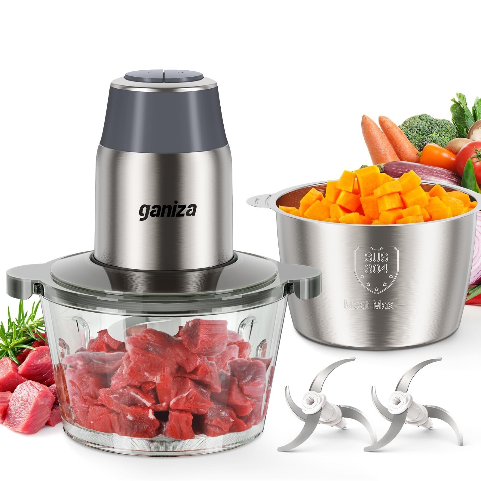 450W Food Processor with 2 Bowls, Meat Grinder & Vegetable Chopper, Multi-Functi0