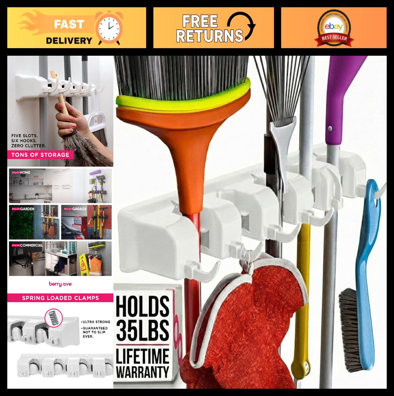 Wall Mount Broom Holder & Mop Organizer - 5 Slots, 6 Hooks for Garage, Kitchen,0
