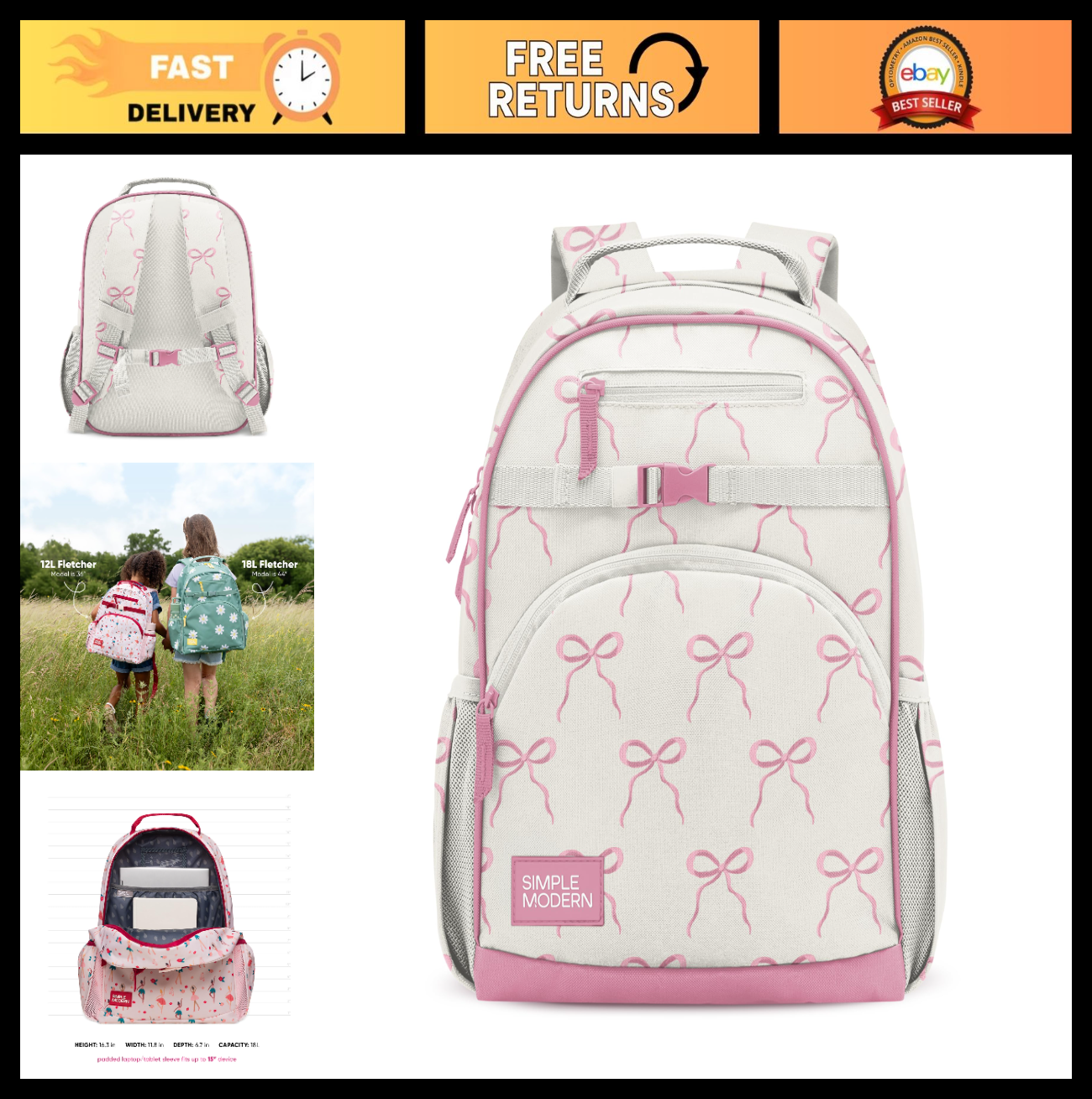 Kids School Backpack 18L for Girls & Boys | Cute Bows Design, Lightweight & Dura0