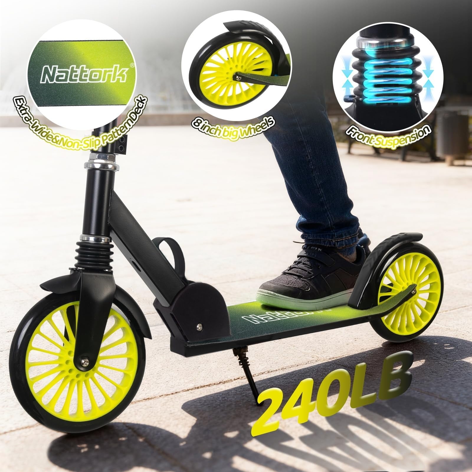 Adjustable Height Kick Scooter for Kids & Teens, 240 LBS Max Load, Foldable, 8"2