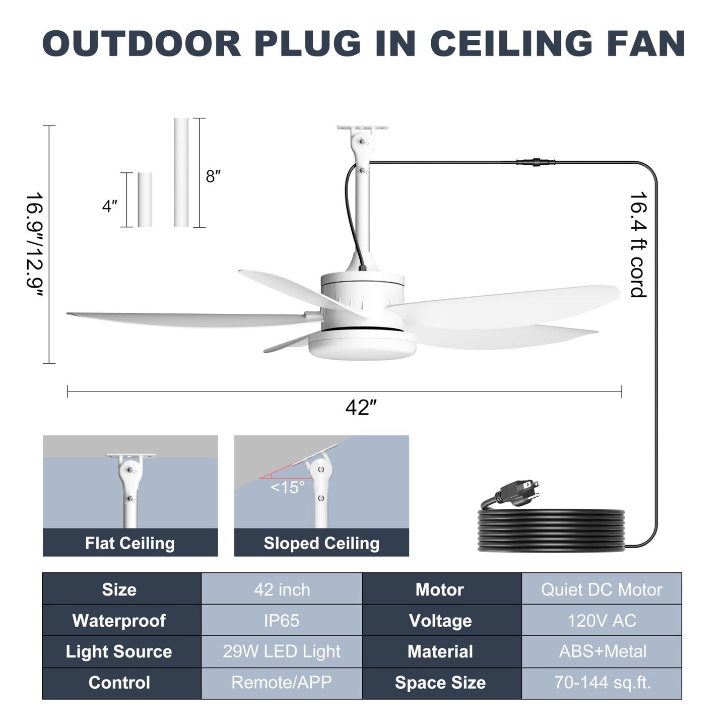 42" Waterproof Outdoor Ceiling Fan with Lights, Remote Control, Quiet DC Motor,2