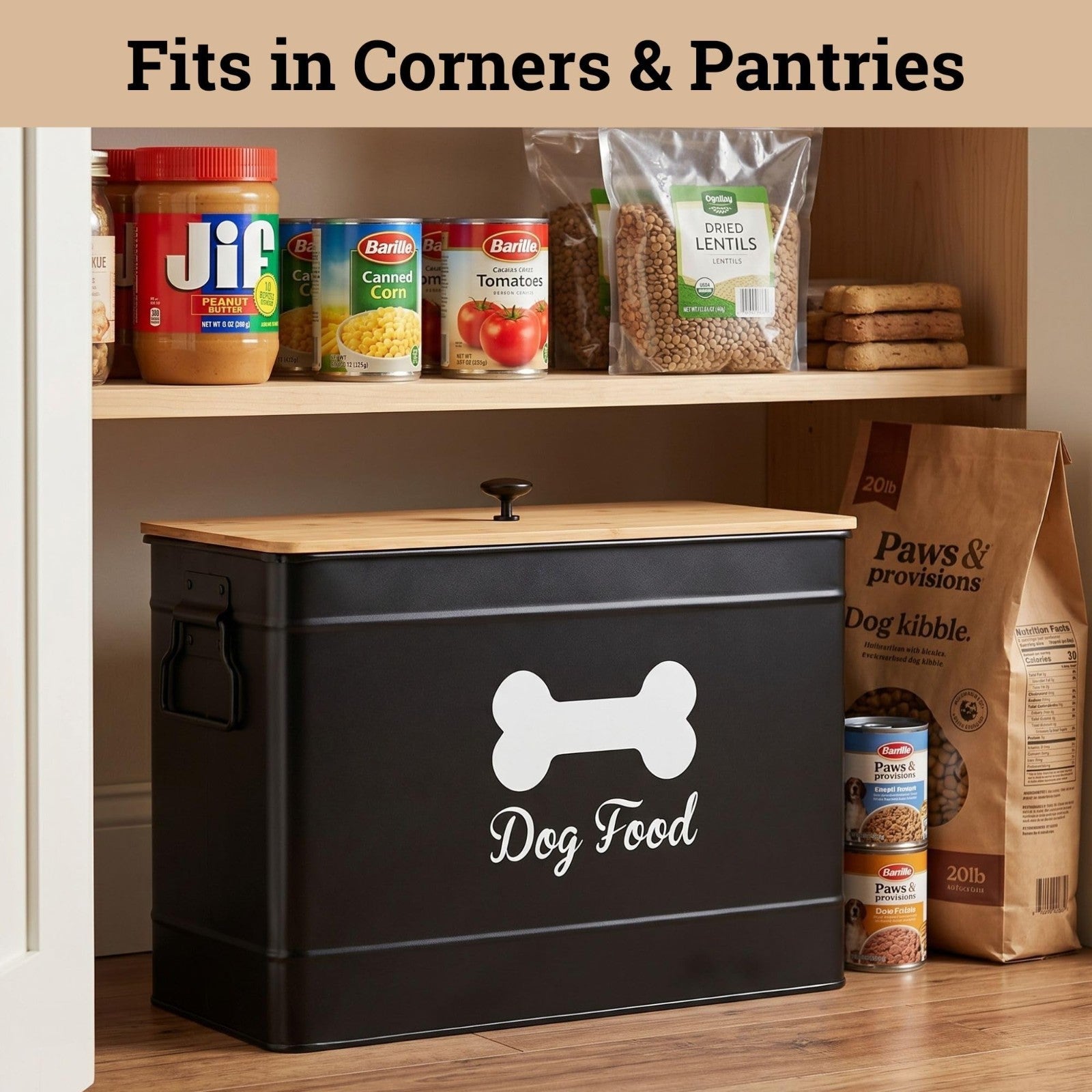Airtight Metal Dog Food Storage Container, 15 20 lbs, 70 Cup Capacity, Bamboo Li6