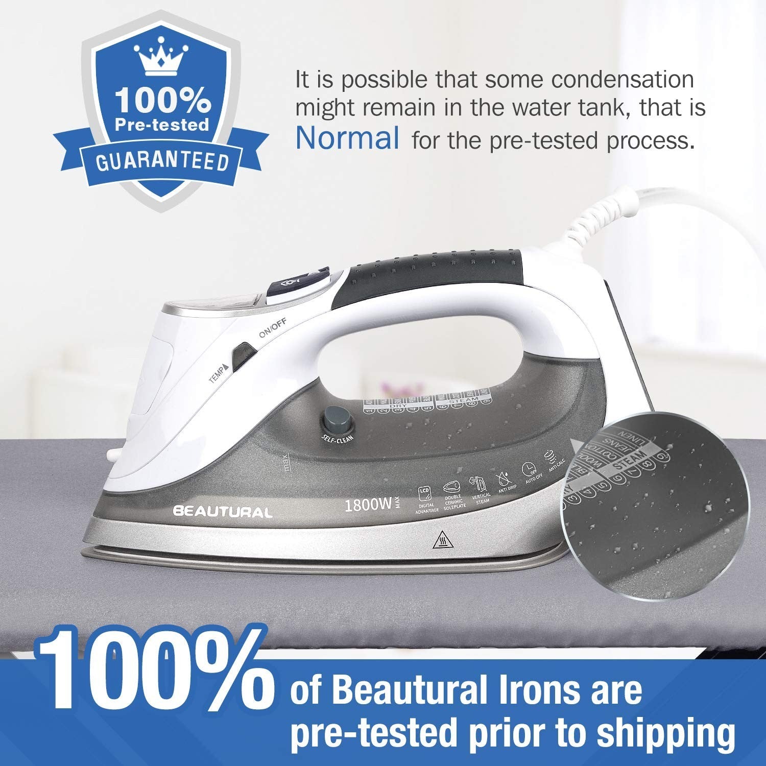 1800W Steam Iron with LCD Screen, 3-Way Auto Shutoff, Ceramic Soleplate, Burst S6