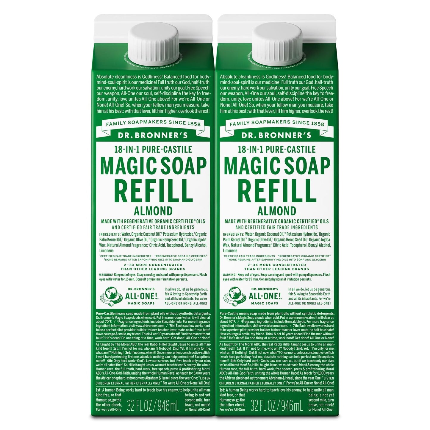 Pure-Castile Liquid Soap Refill - 18-in-1 Uses, Vegan, Almond Scent, 32oz, 2-Pac1