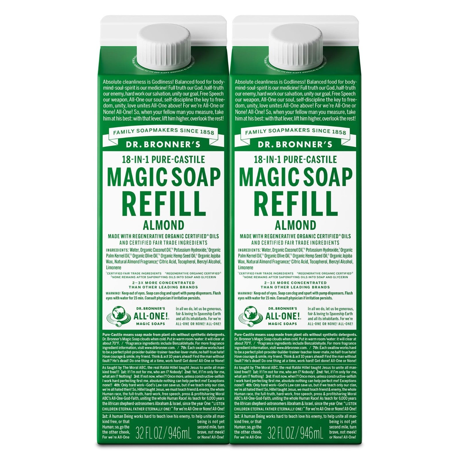 Pure-Castile Liquid Soap Refill - 18-in-1 Uses, Vegan, Almond Scent, 32oz, 2-Pac1