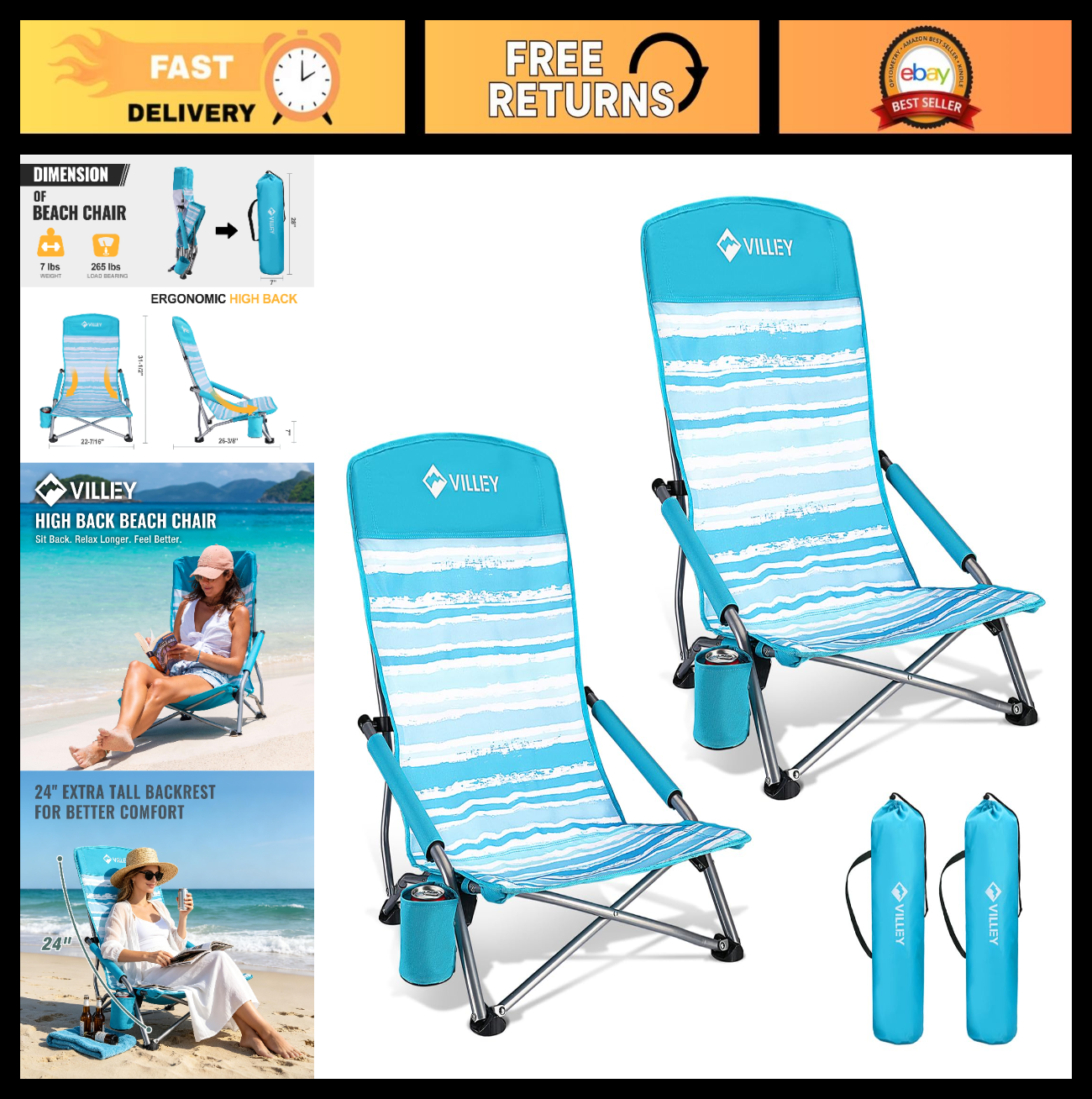 2 Pack Lightweight Folding Beach Chairs - High Back, Portable with Cup Holder -0