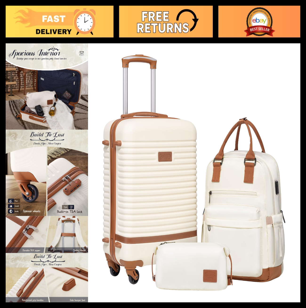 3-Piece White Luggage Set - Carry On Suitcase with 360° Spinner Wheels, USB Pock0
