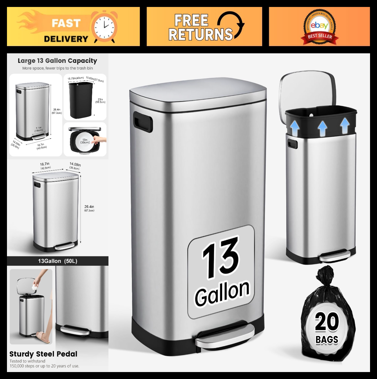 Stainless Steel 13 Gal Kitchen Trash Can with Soft Close Lid, Pedal & Removable0