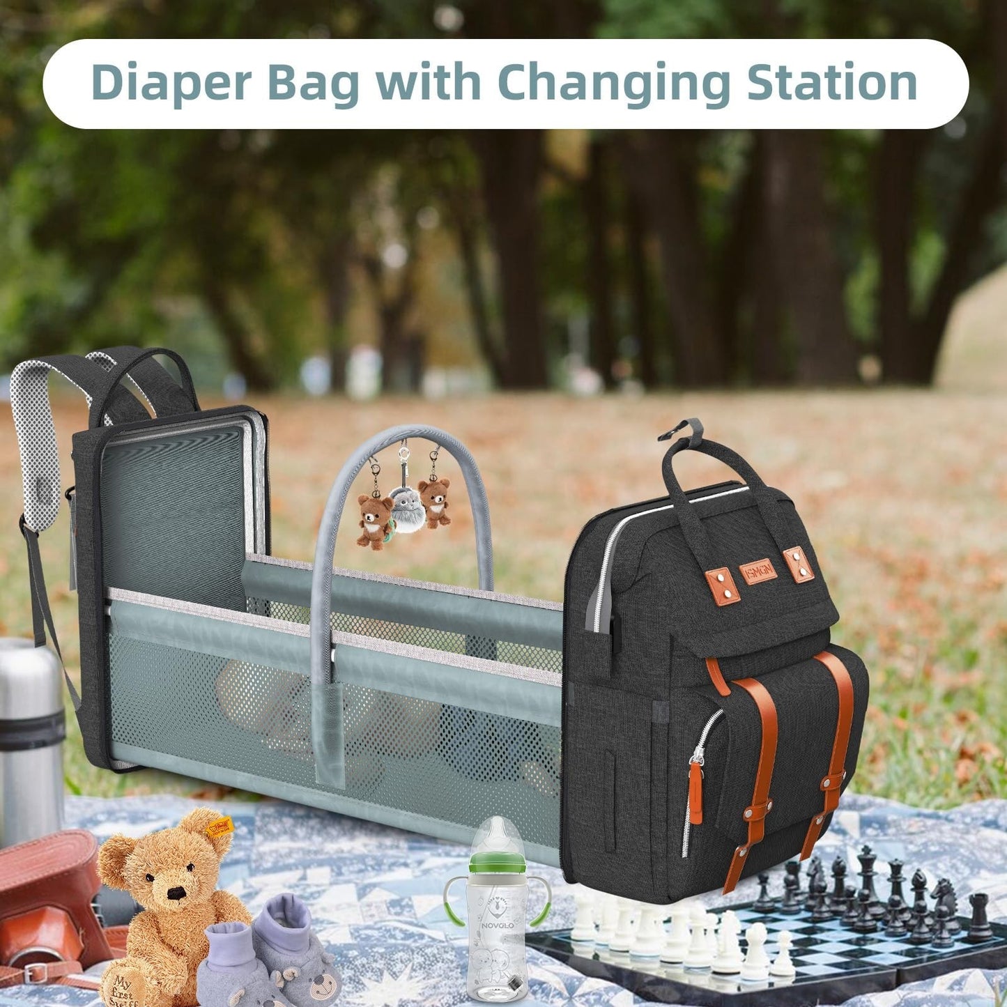 Diaper Bag Backpack with Changing Station, Stylish Baby Bag for Boys   Black2