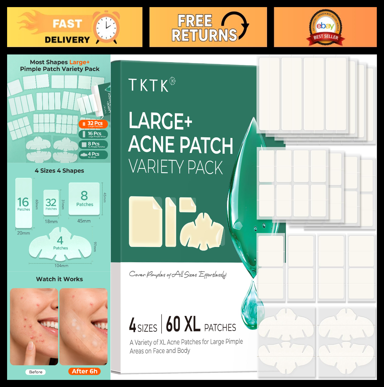 Large Hydrocolloid Pimple Patches for Acne Breakouts   4 Sizes, Fast Healing0