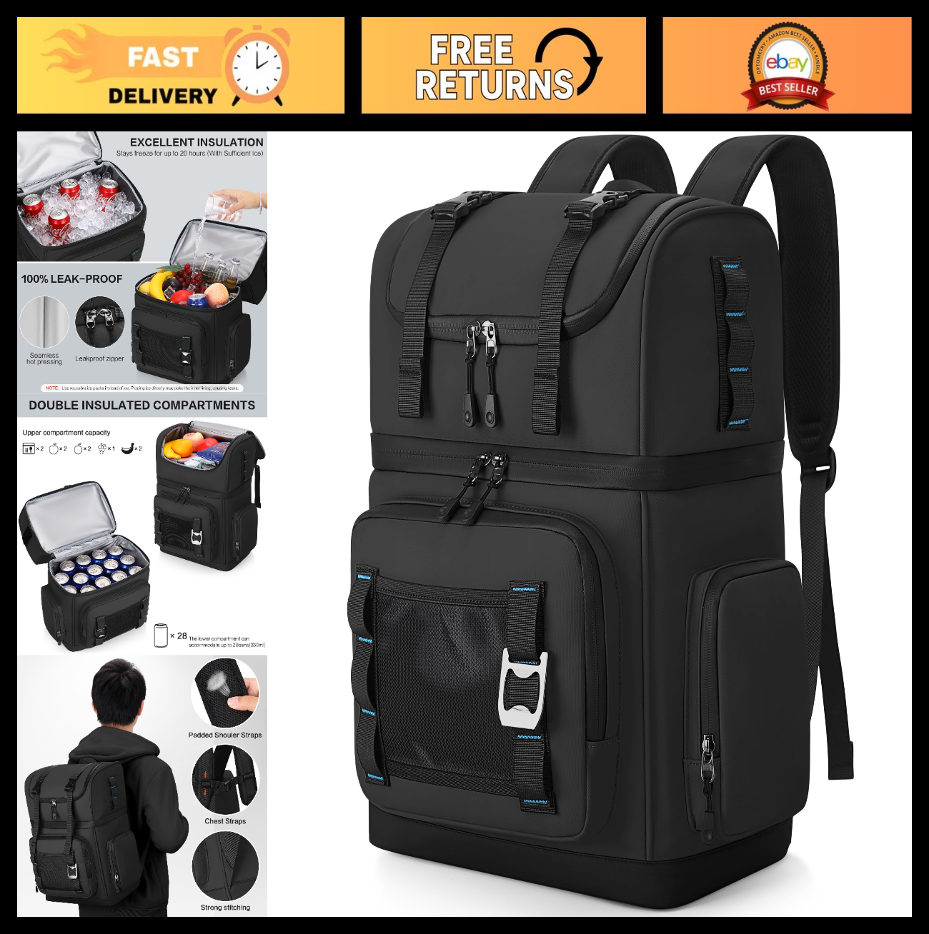 Large Waterproof Insulated Cooler Backpack - Double Decker, Leak Proof, 26L, 440