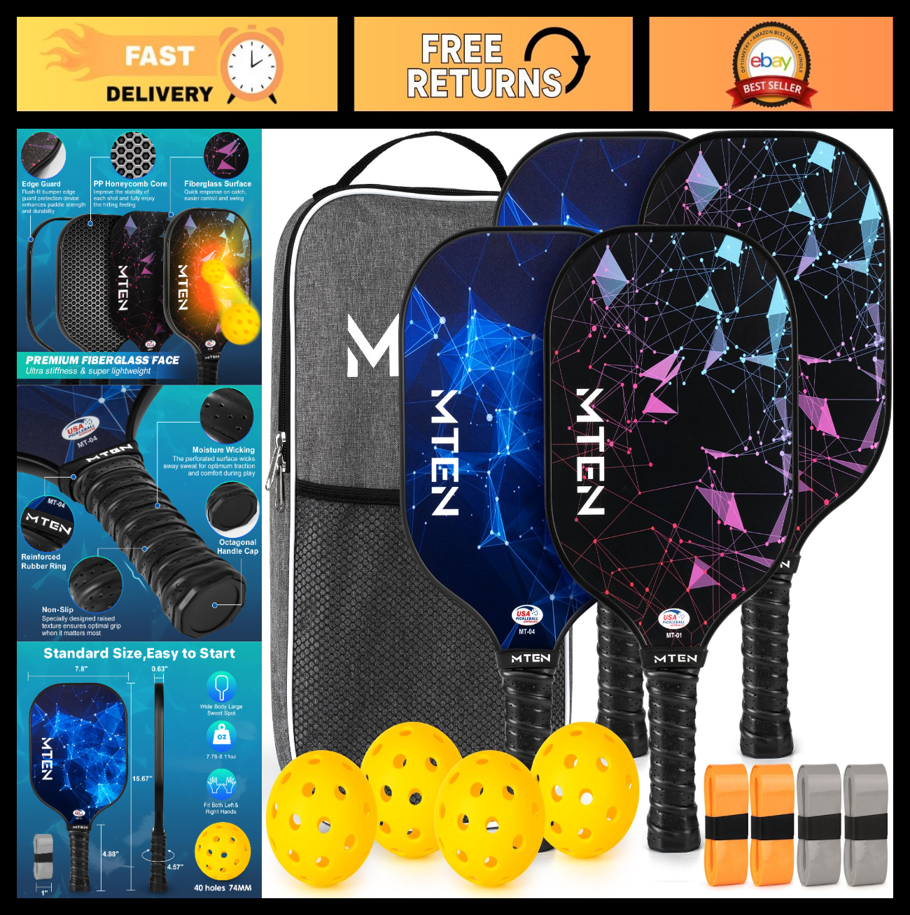 Pickleball Paddle Set of 2/4/1 - USAPA Approved Fiberglass Rackets, Lightweight0