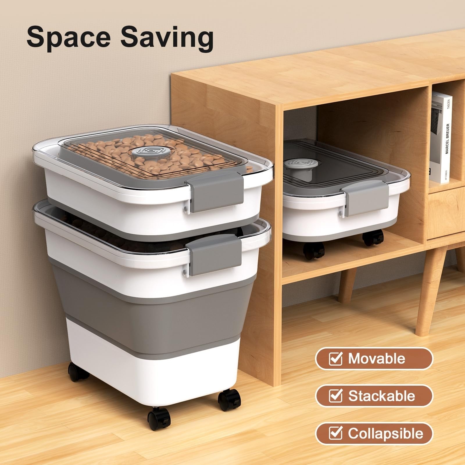 Collapsible Dog Food Storage Container 15 23 Lbs with Airtight Lid & Wheels, Tra4