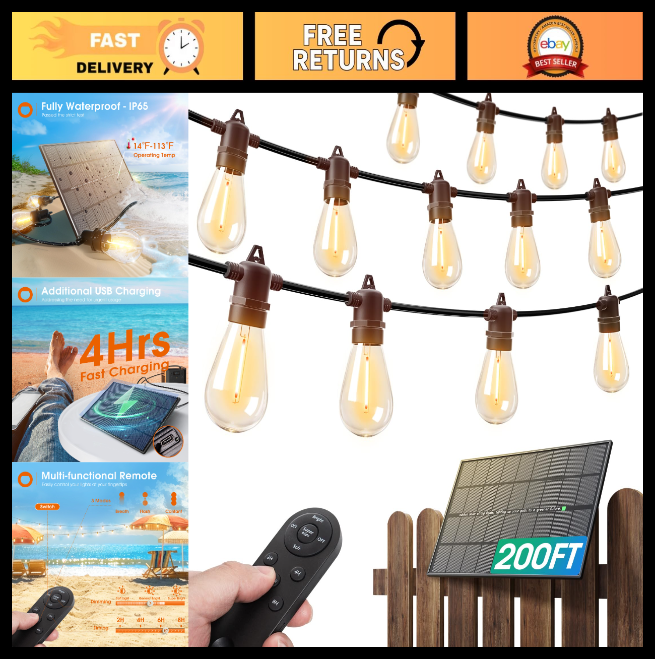 200FT Solar String Lights Outdoor, IP65 Waterproof, USB Charging, Dimmable Timer0