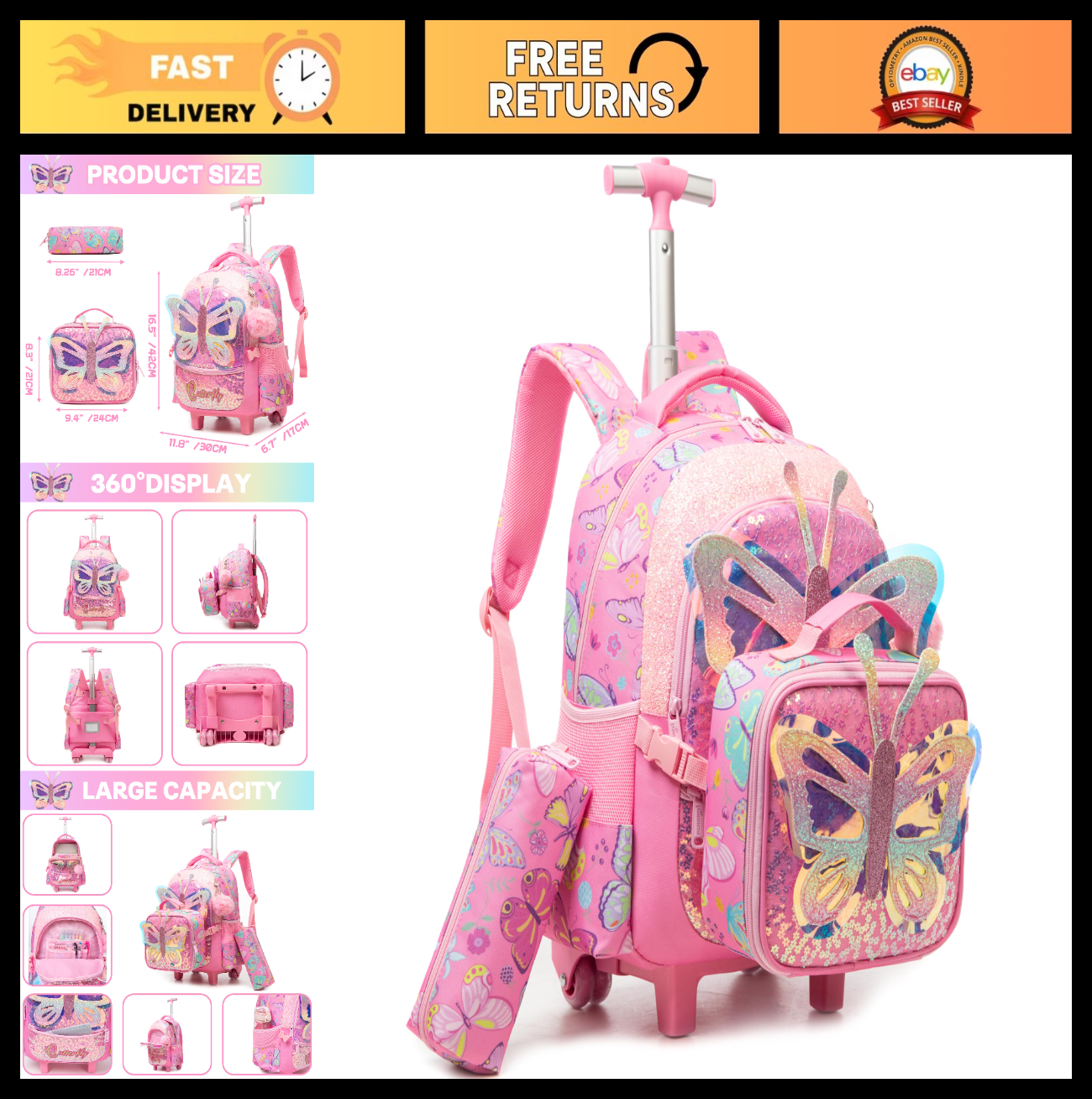 Rolling Backpack for Girls   3 in 1 Wheeled Luggage, Kids Suitcase & Lunch Box  0