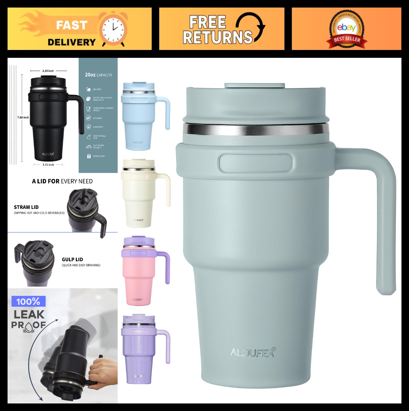 Insulated 20 oz Coffee Mug with Handle, Stainless Steel Travel Tumbler, Leak Pro0